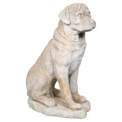 English Circa 1920 Carved Stone Garden Dog Sculpture on Integral Base