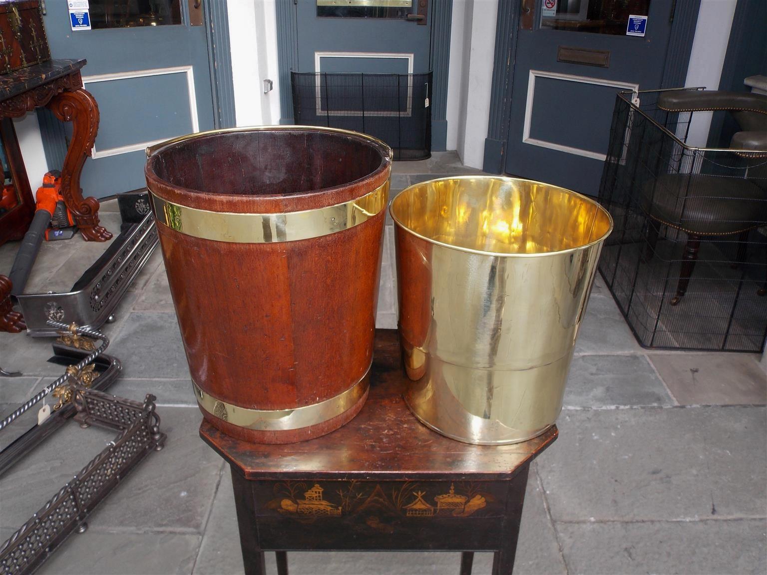 English Circular Form Mahogany Brass Banded and Lined Peat Bucket, Circa 1820 1