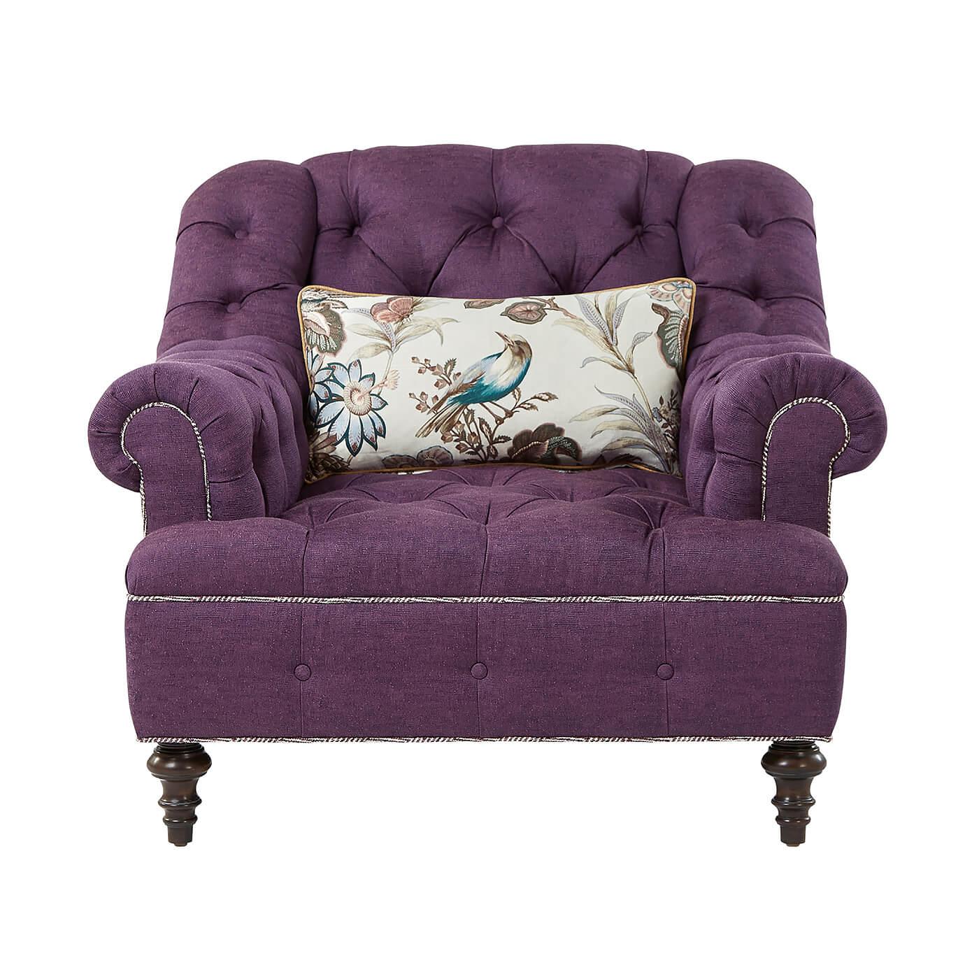 An English Classic tufted club chair. This chair has a Classic Silhouette and features all-over tufting. It has a tight tufted seat and back with soft scrolled arms and sits on turned wood feet. 

Shown in 1237-65 fabric
Shown in Cambridge