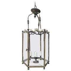 English Georgian Bronze Hall Four-Light Lantern with Original Glass, circa 1860