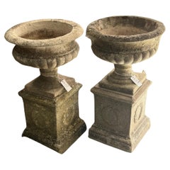 English Classical Garden Stone Urn on Plinth - Two Available
