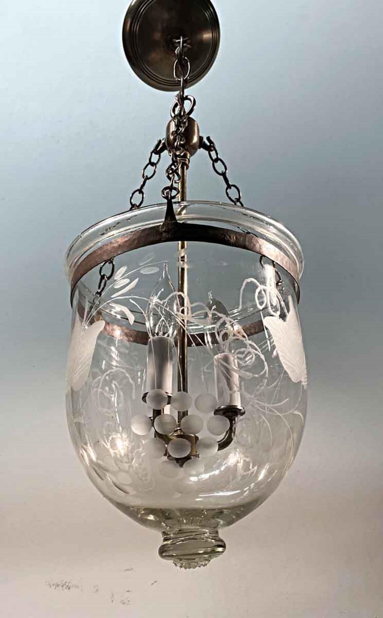 20th Century English Clear Bell Jar Pendant Lantern with Etched Floral Pattern