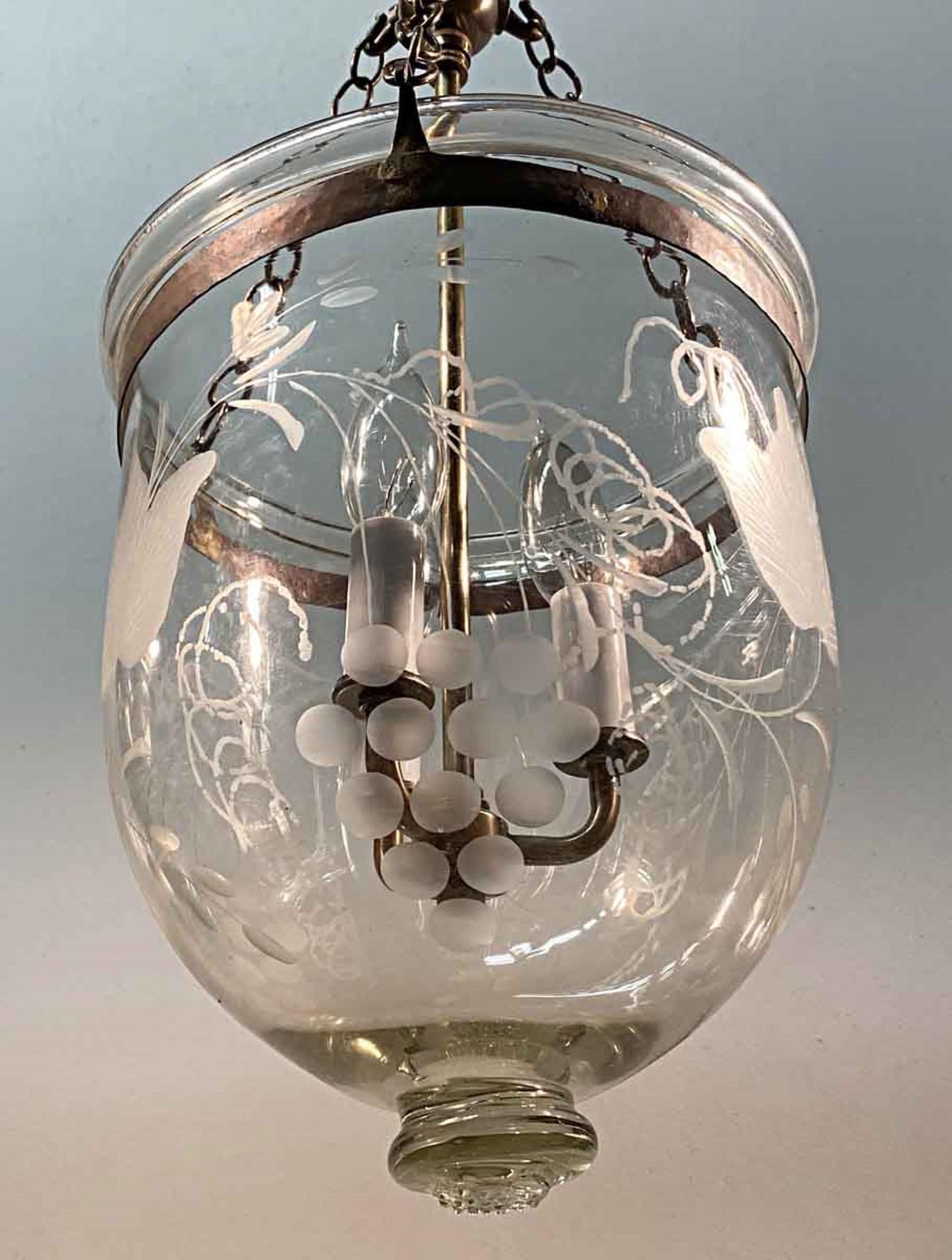 Brass English Clear Bell Jar Pendant Lantern with Etched Floral Pattern