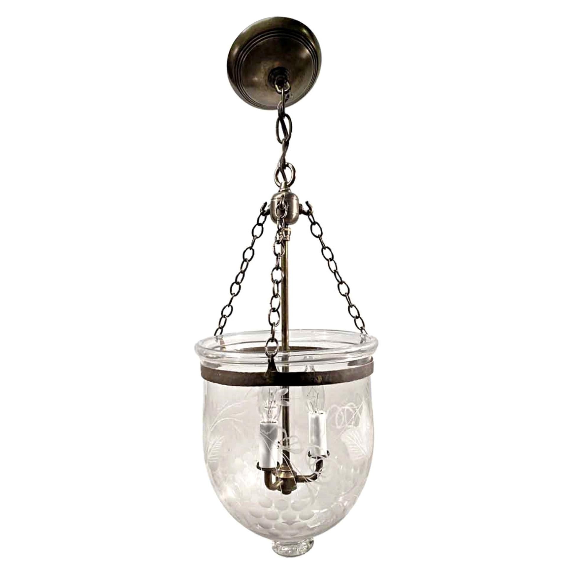 English Clear Bell Jar Pendant Lantern with Etched Floral Pattern