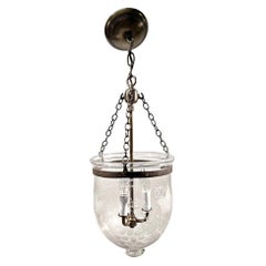 English Clear Bell Jar Pendant Lantern with Etched Floral Pattern