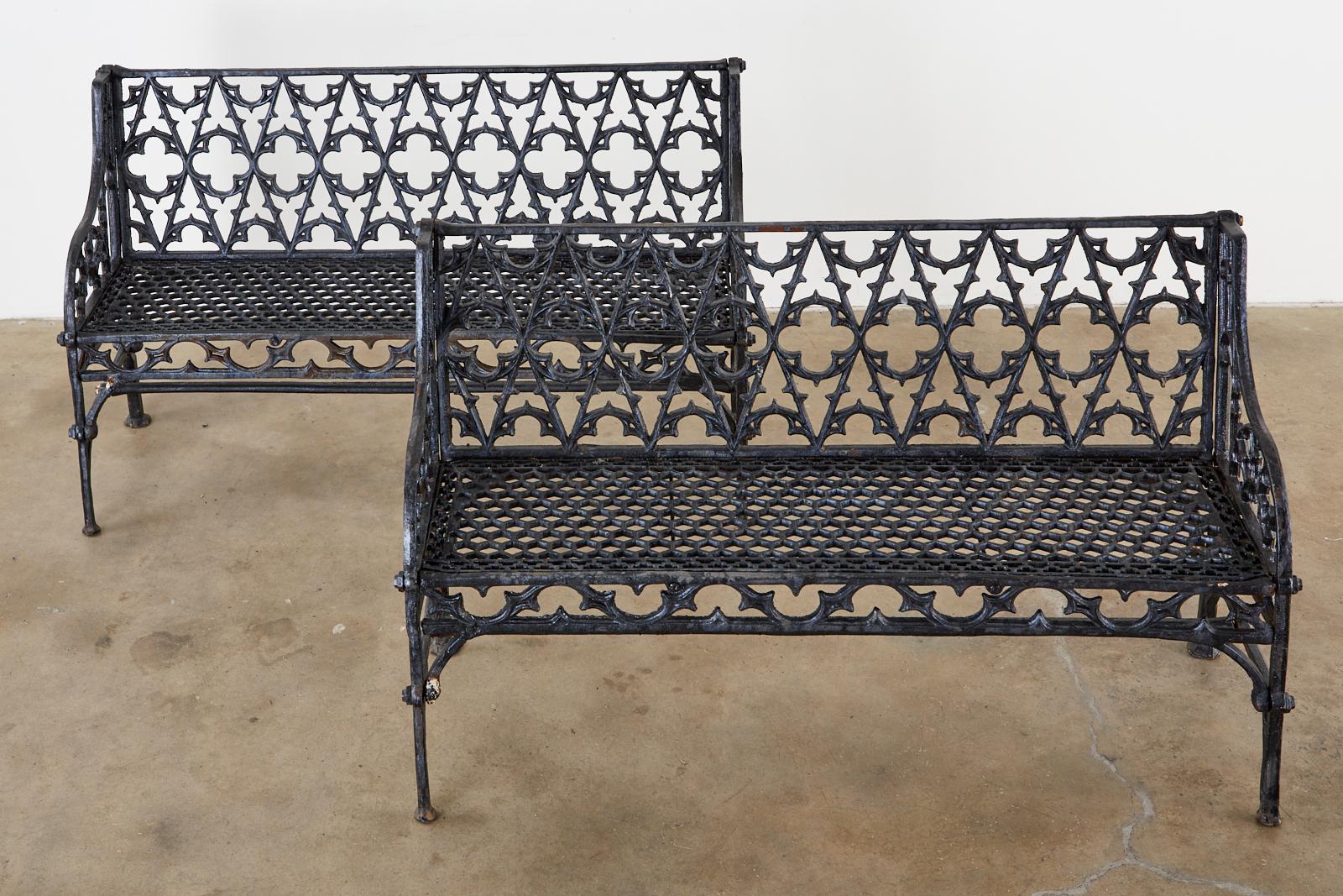 Cast English Coalbrookdale Attributed Iron Gothic Revival Garden Benches