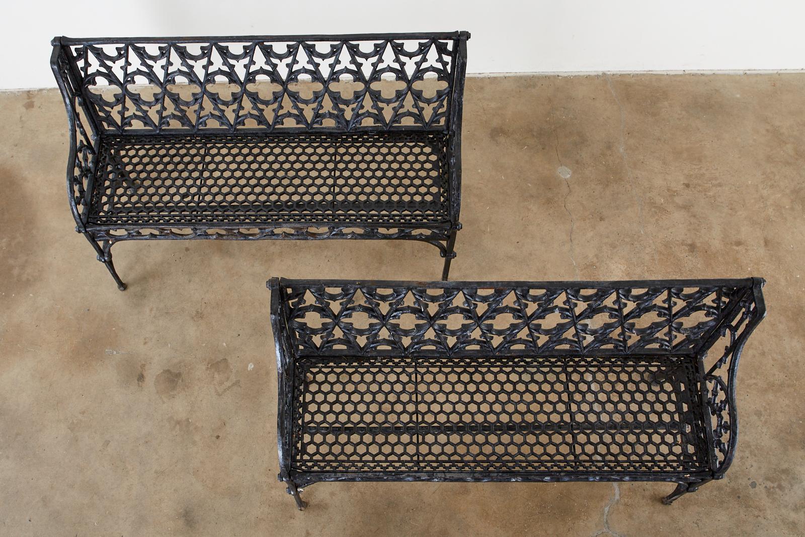 English Coalbrookdale Attributed Iron Gothic Revival Garden Benches In Good Condition In Rio Vista, CA