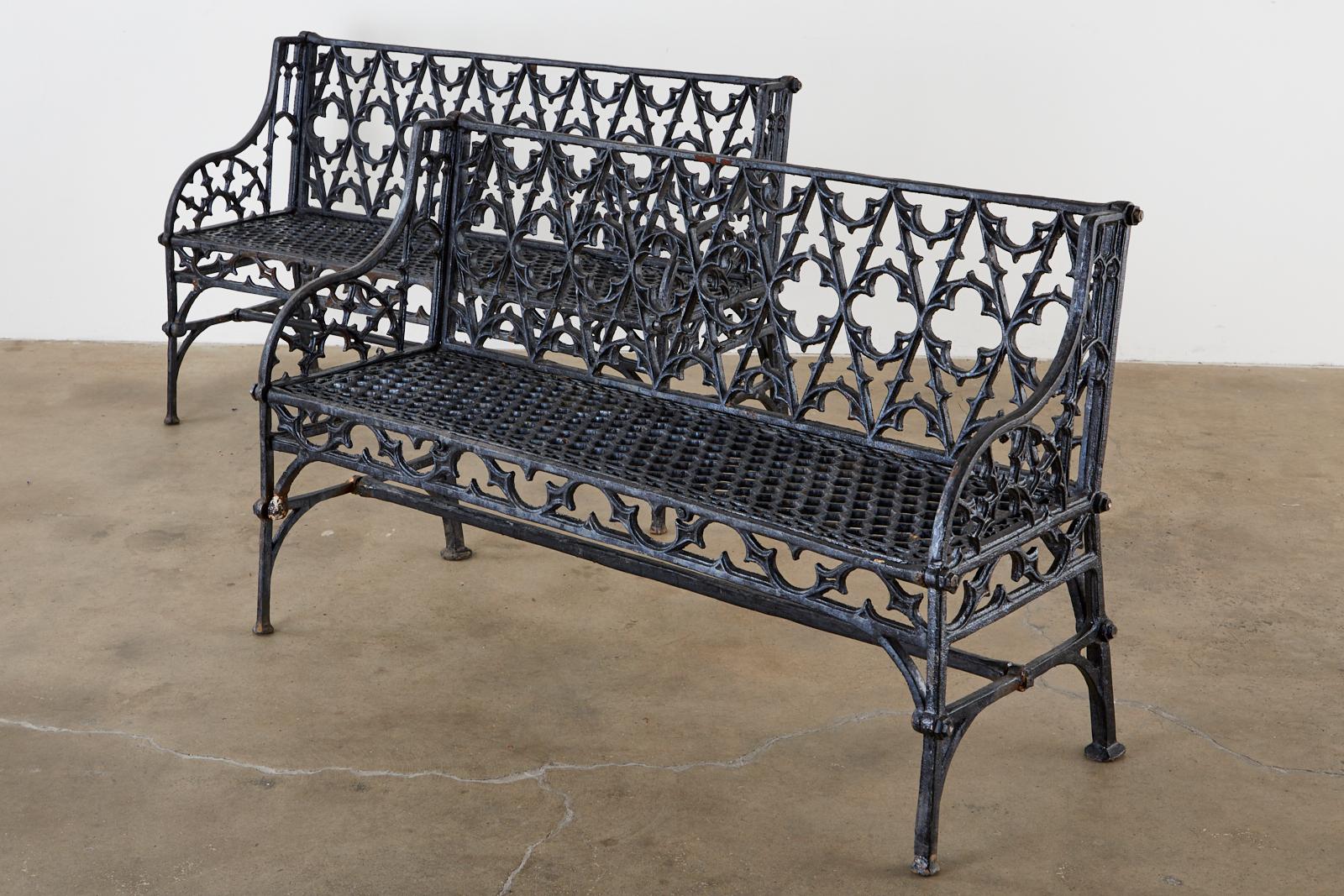 English Coalbrookdale Attributed Iron Gothic Revival Garden Benches 1