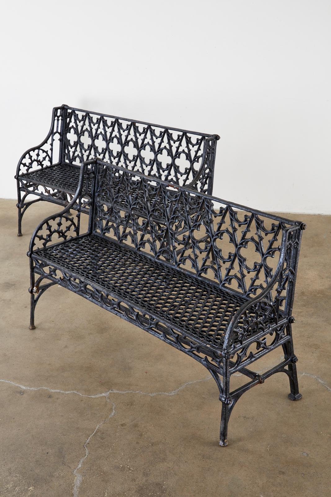 English Coalbrookdale Attributed Iron Gothic Revival Garden Benches 2
