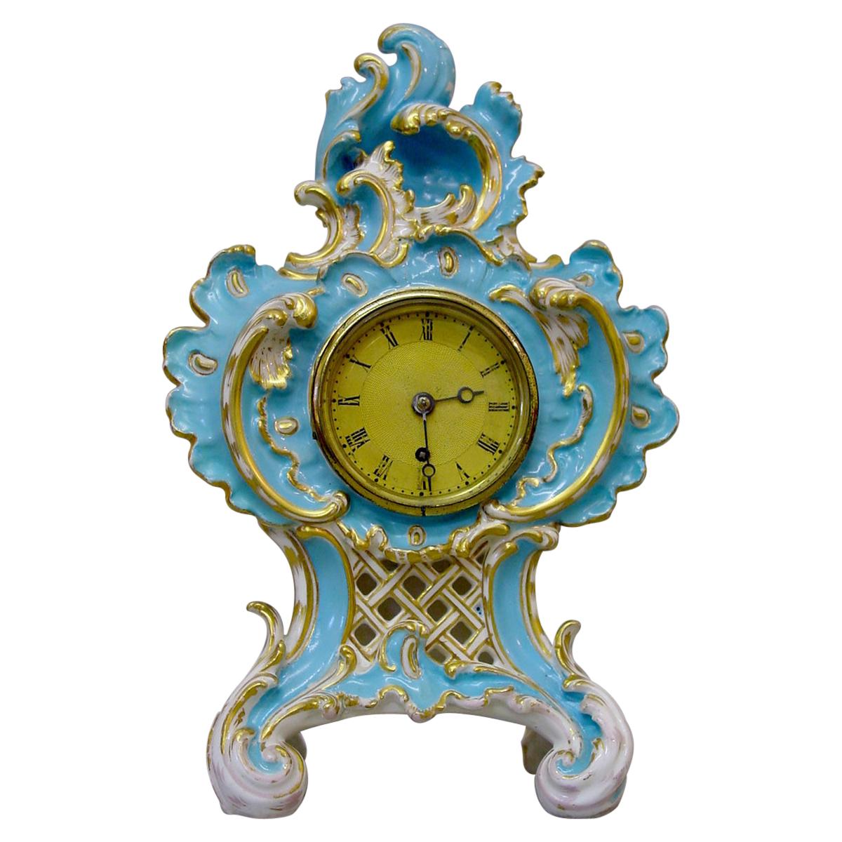 English Coalbrookdale Porcelain Cased Vulliamy Mantel Clock For Sale