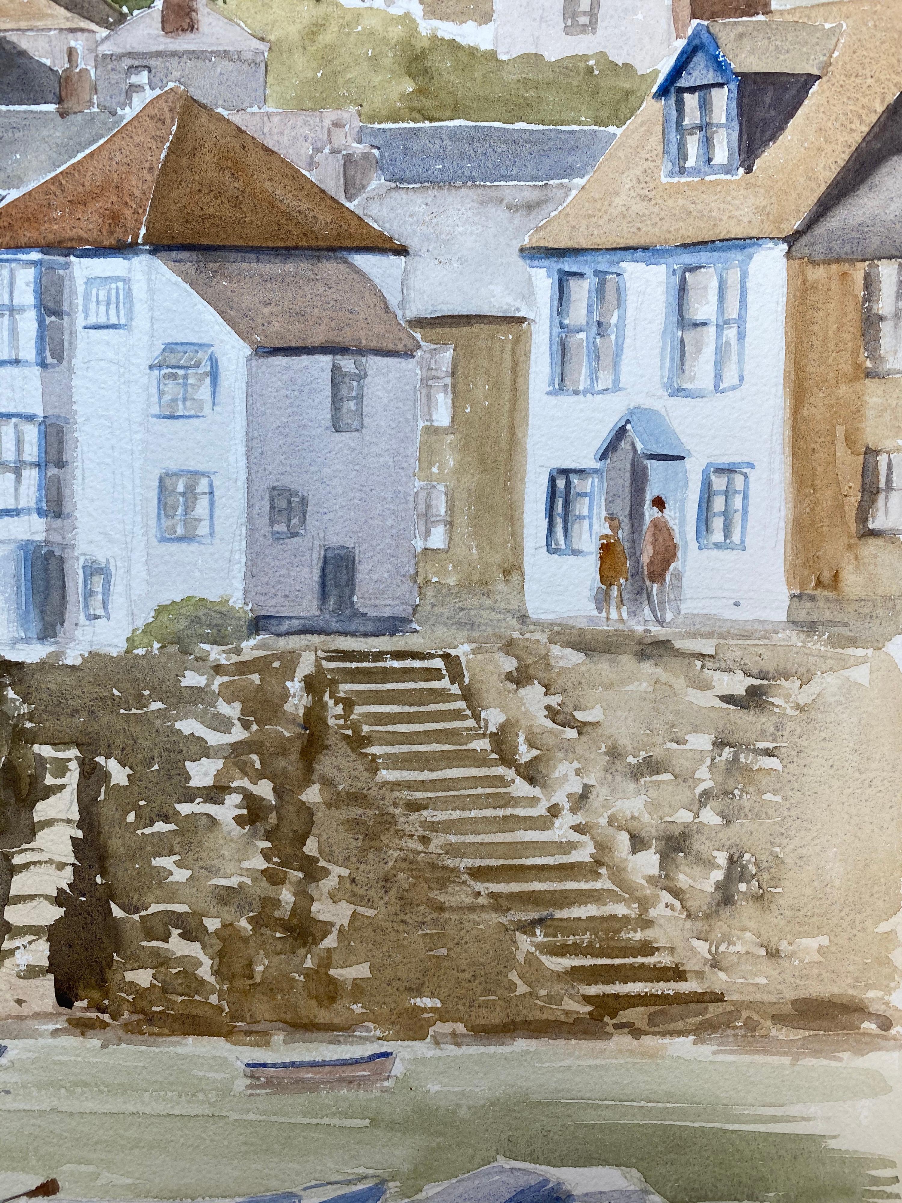 English Coastal Harbour Steps to the Sea, Original British Watercolour Painting For Sale 2