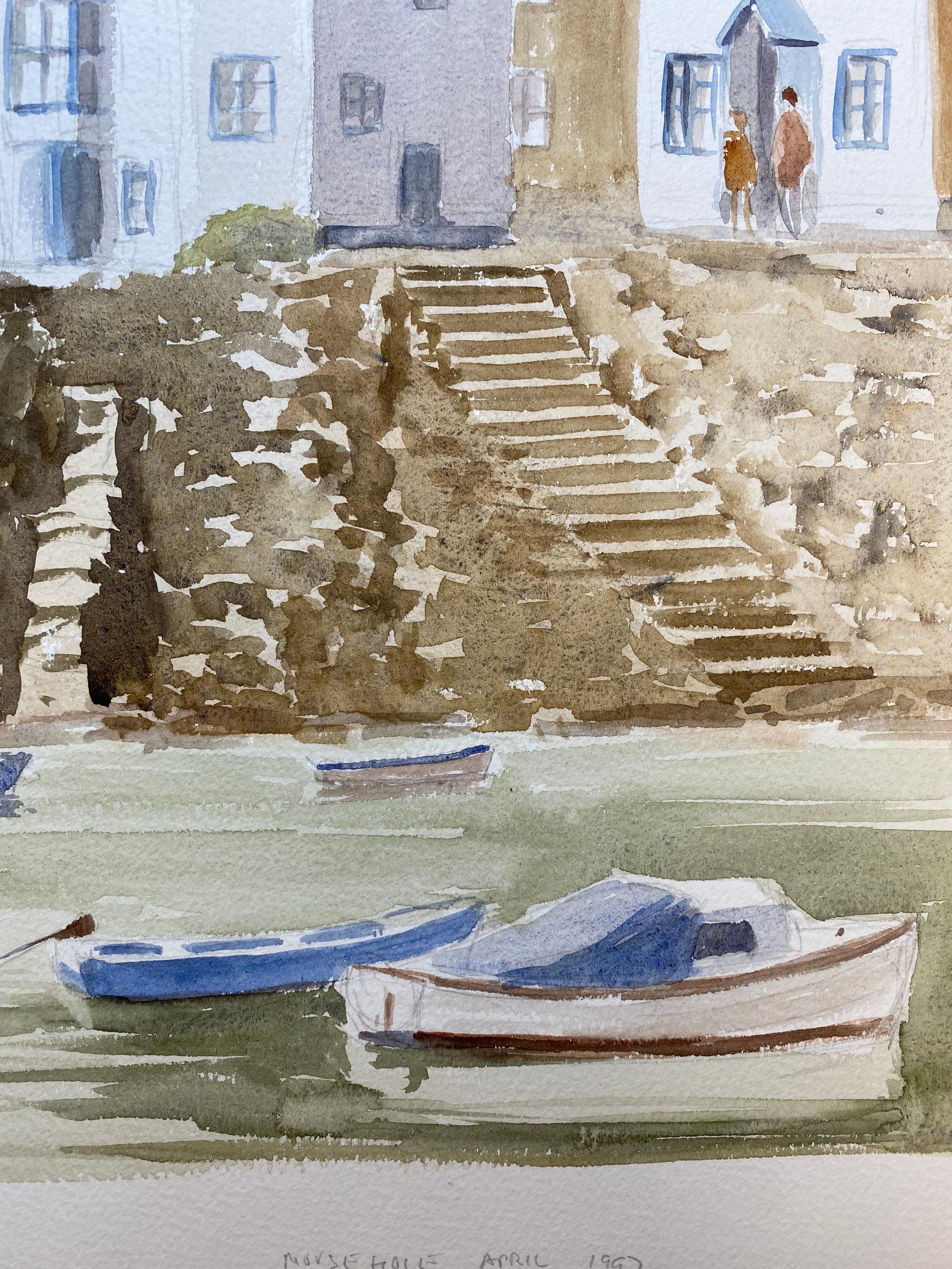 English Coastal Harbour Steps to the Sea, Original British Watercolour Painting For Sale 4