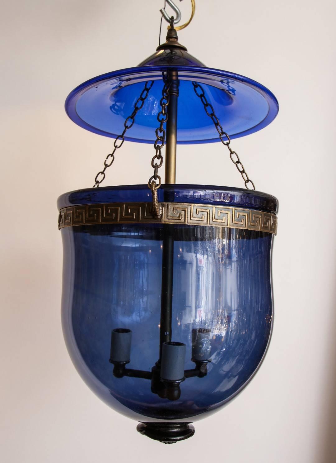 English Cobalt Blue Hanging Glass Lantern In Good Condition In New York, NY