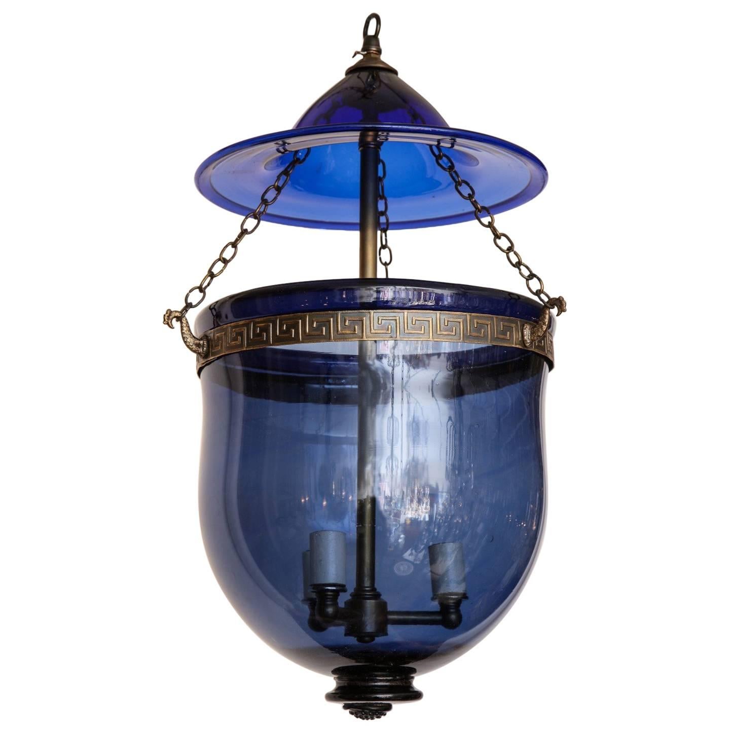 English Cobalt Blue Hanging Glass Lantern