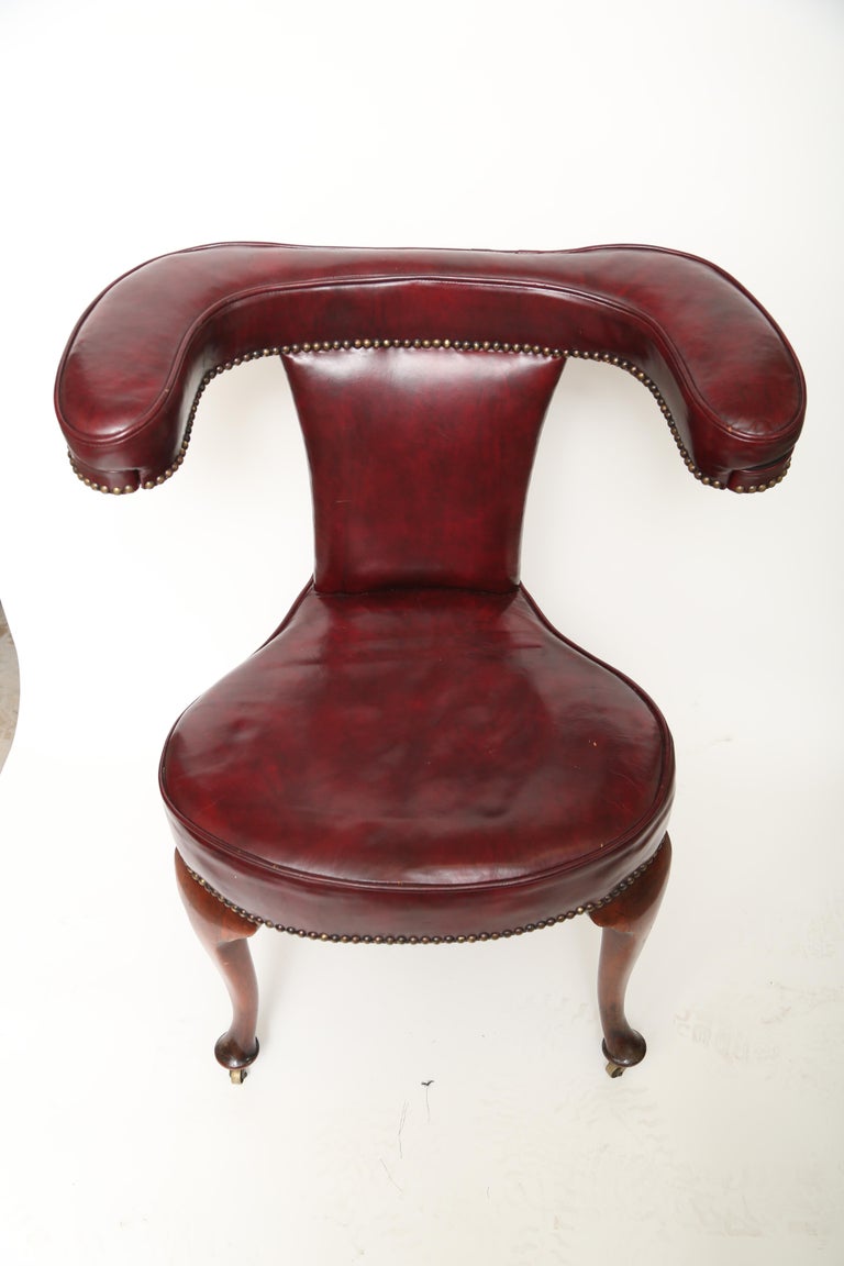 Victorian Red Leather Cock Fighting Chair in Mahogany with Brass Nailheads-England, 19th c For Sale