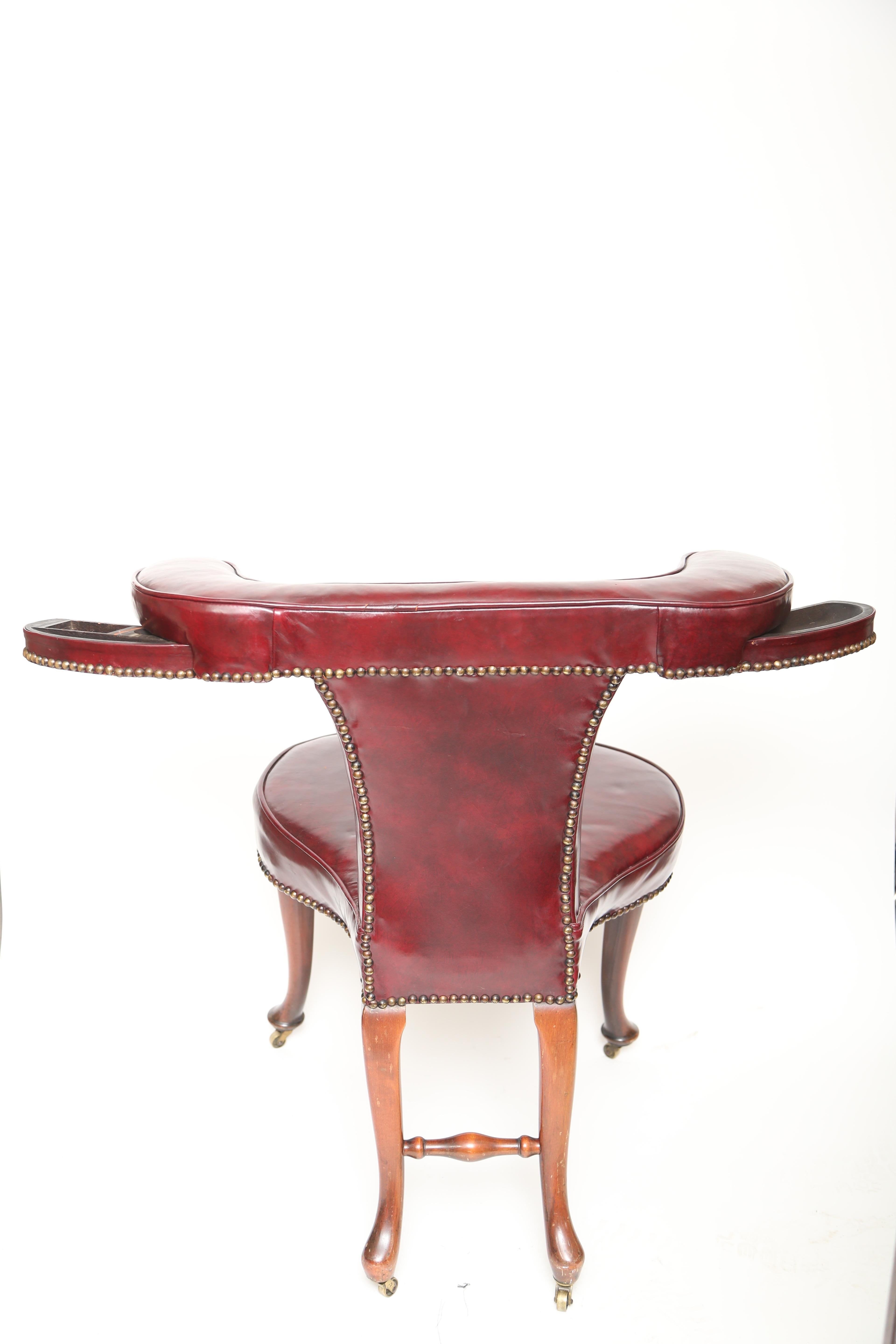 Victorian English Cock Fighting Chair-Mahogany, Red Leather, Brass Nailheads-Eng., 19th c