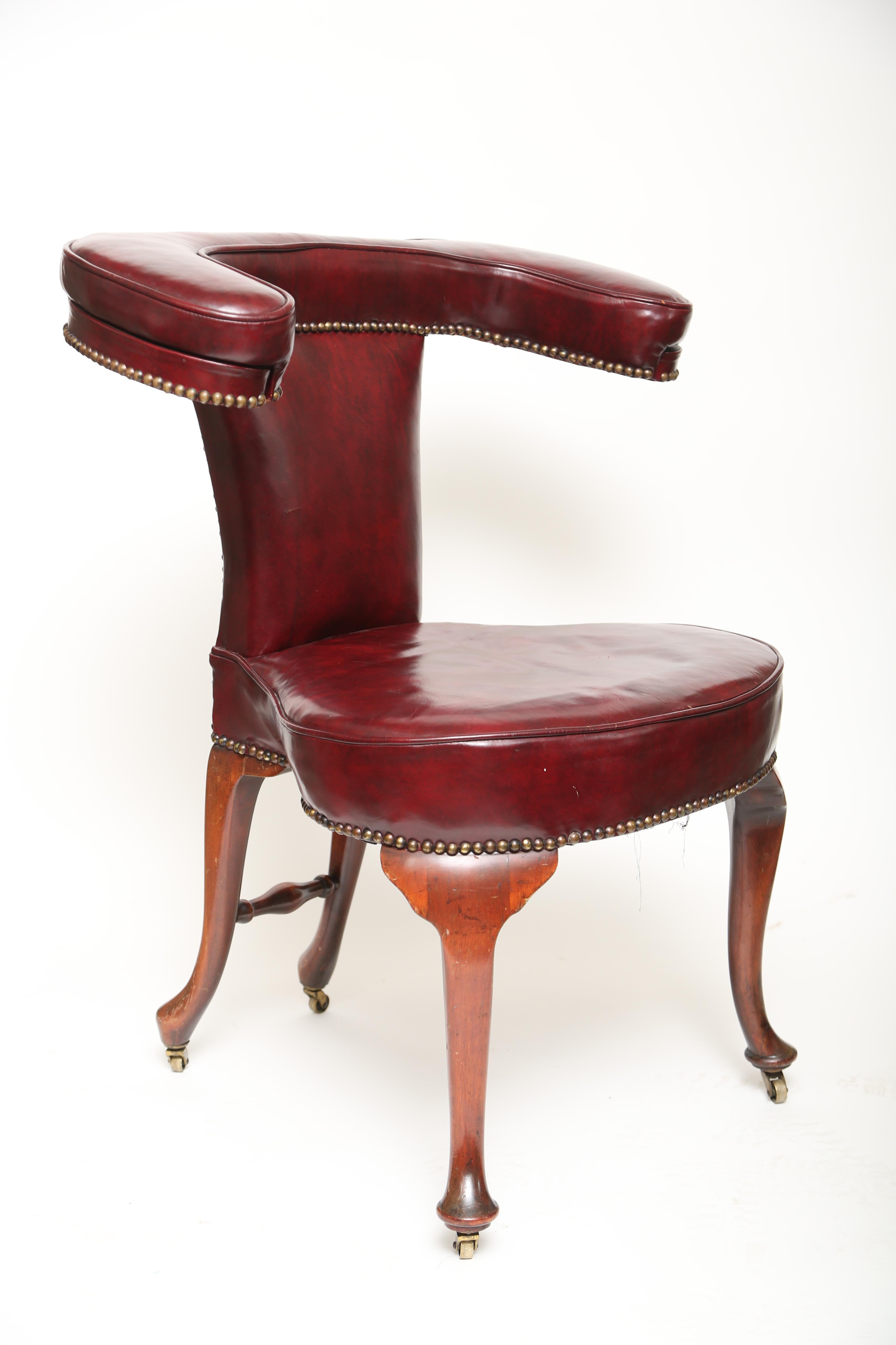 English Cock Fighting Chair-Mahogany, Red Leather, Brass Nailheads-Eng., 19th c 1