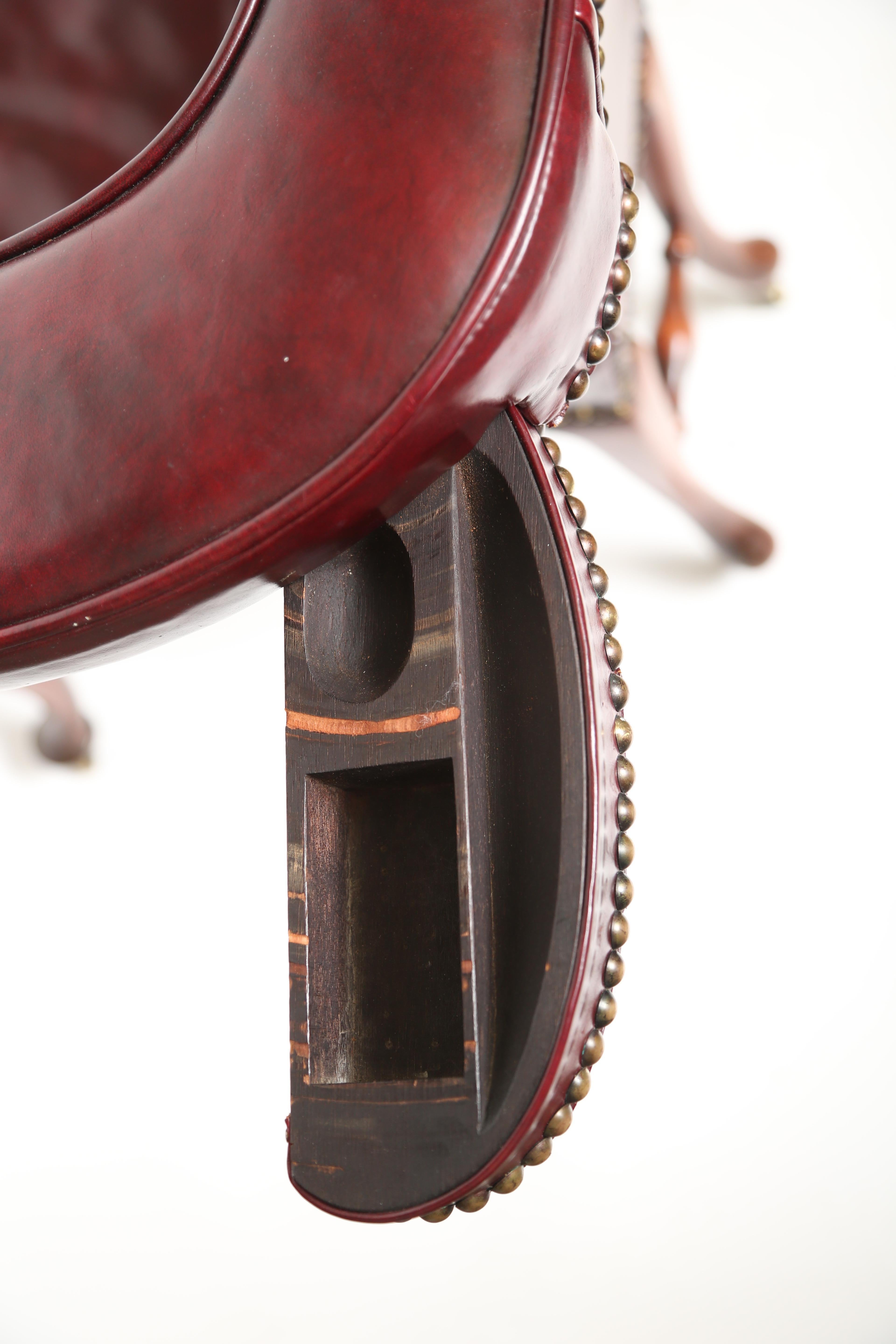 English Cock Fighting Chair-Mahogany, Red Leather, Brass Nailheads-Eng., 19th c 2