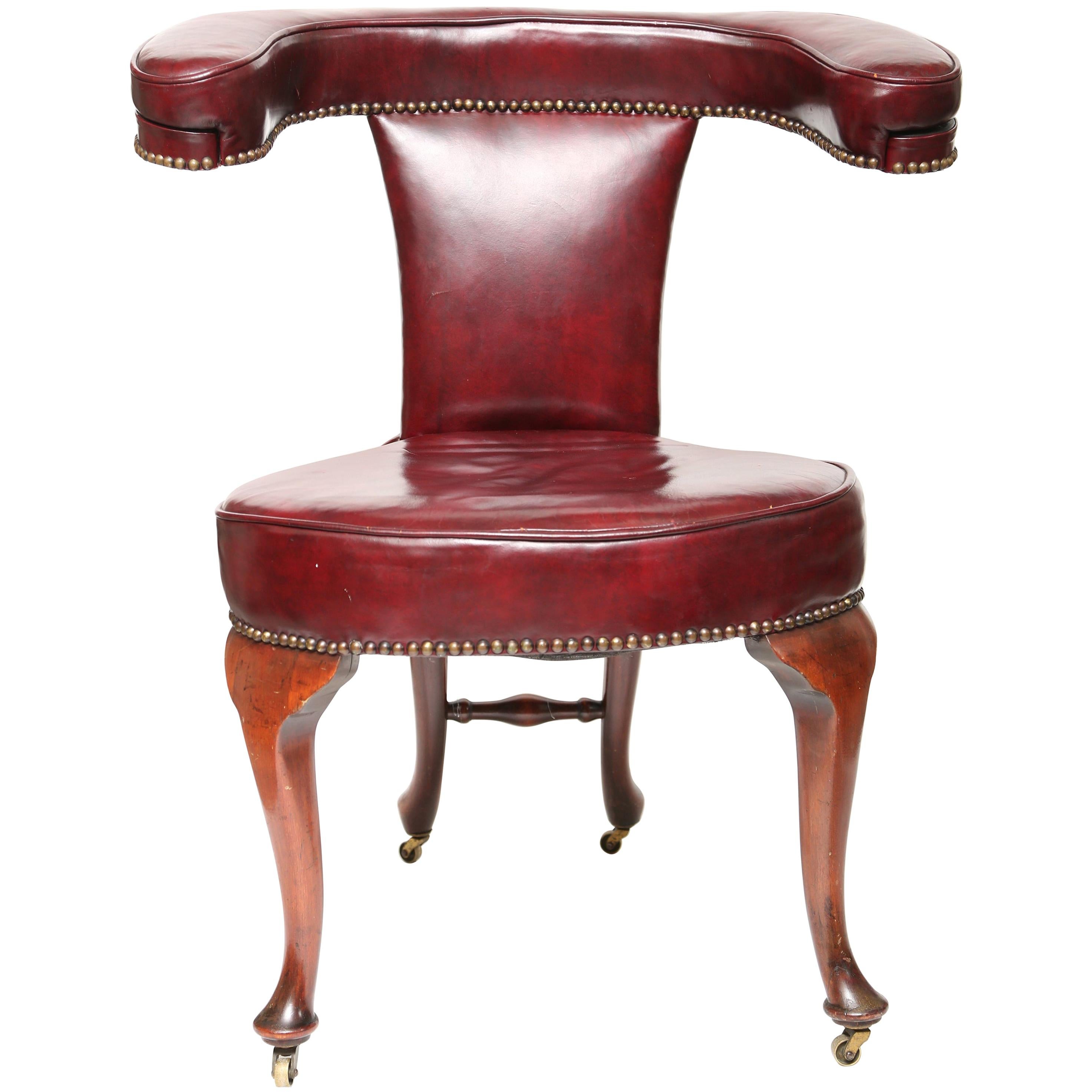 Red Leather Cock Fighting Chair in Mahogany with Brass Nailheads-England, 19th c
