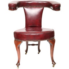 English Cock Fighting Chair-Mahogany, Red Leather, Brass Nailheads-Eng., 19th c