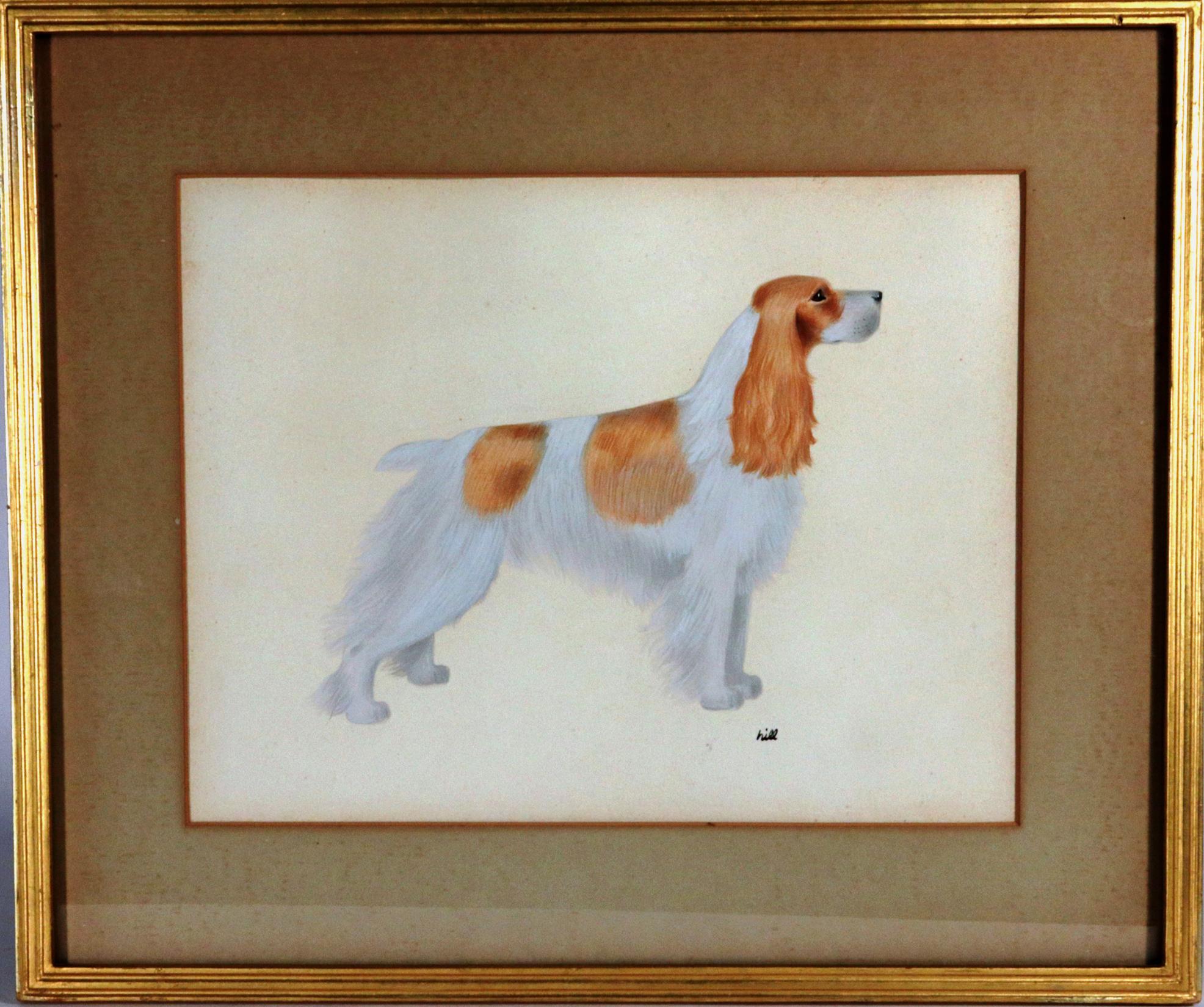 English Cocker Spaniel Watercolor and Gouache Pictures,
A Set of Six,
Signed Hill

The framed pictures are of six different colored English Cocker Spaniels, in a rectangular format within a gray matte and reeded gilt frame, each in the same show