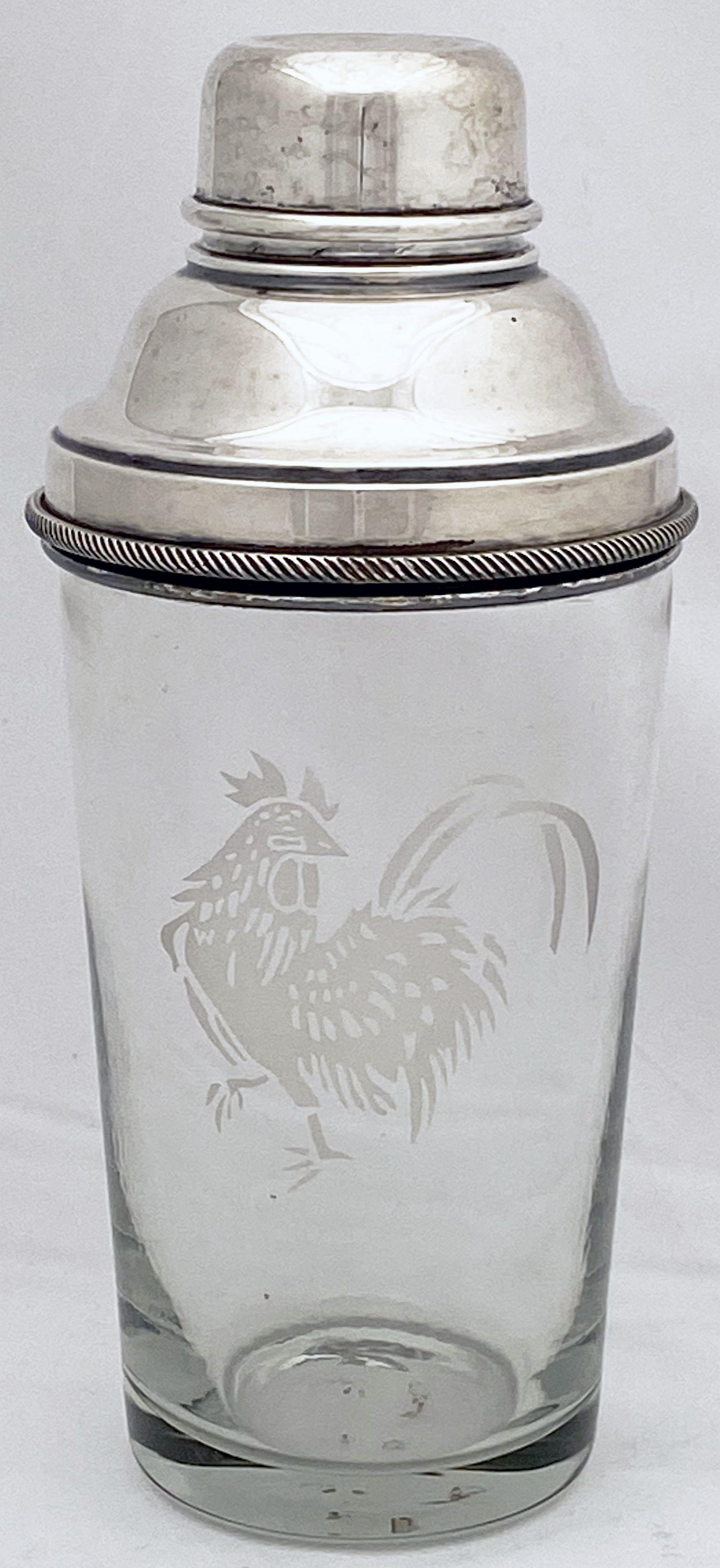 Etched English Cocktail Drinks or Martini Shaker with Cockerel by James Dixon & Sons For Sale