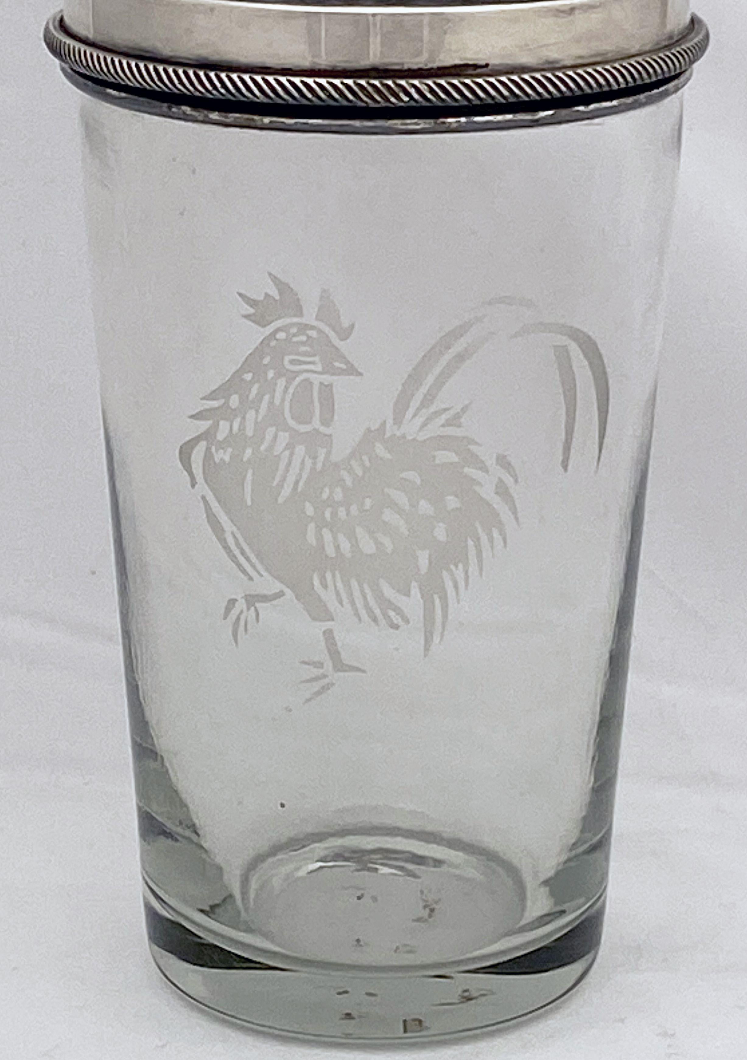 Etched English Cocktail Drinks or Martini Shaker with Cockerel by James Dixon & Sons