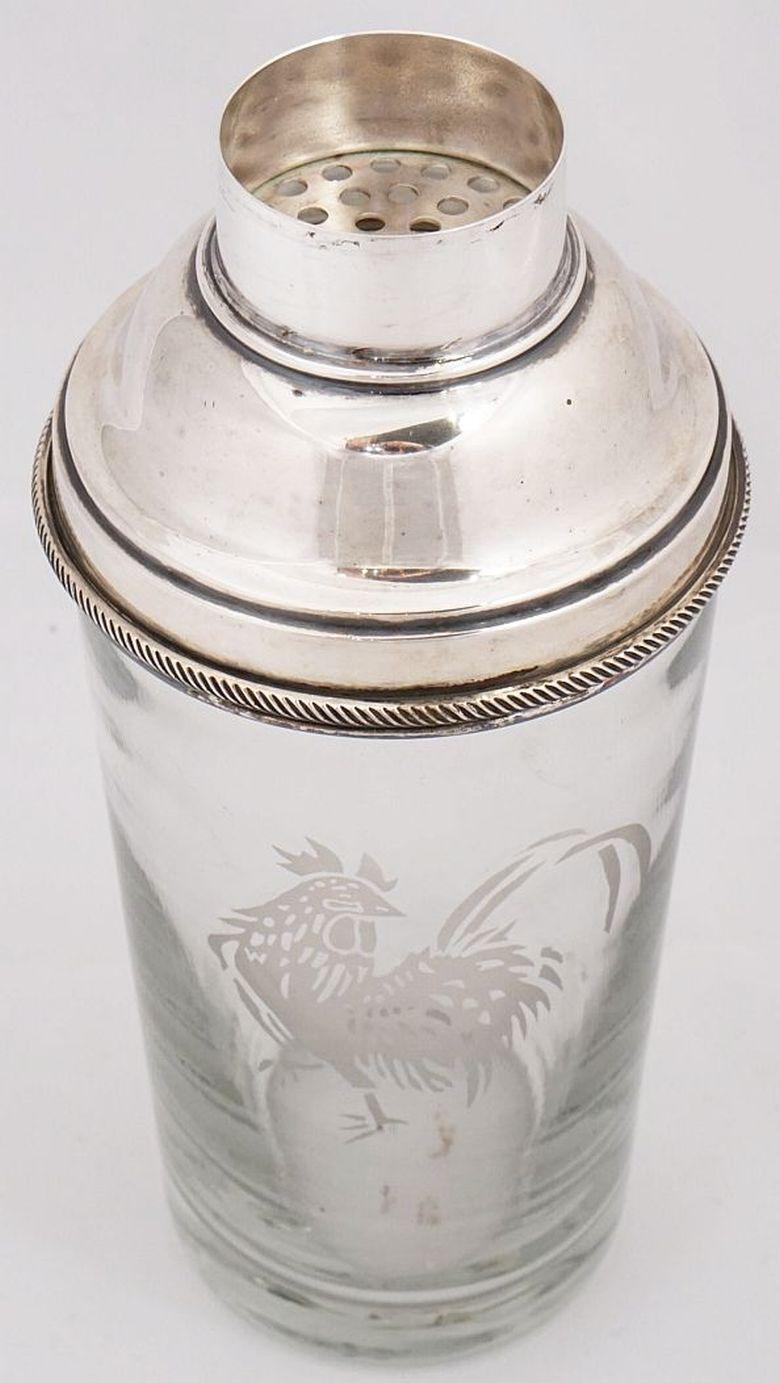 Metal English Cocktail Drinks or Martini Shaker with Cockerel by James Dixon & Sons