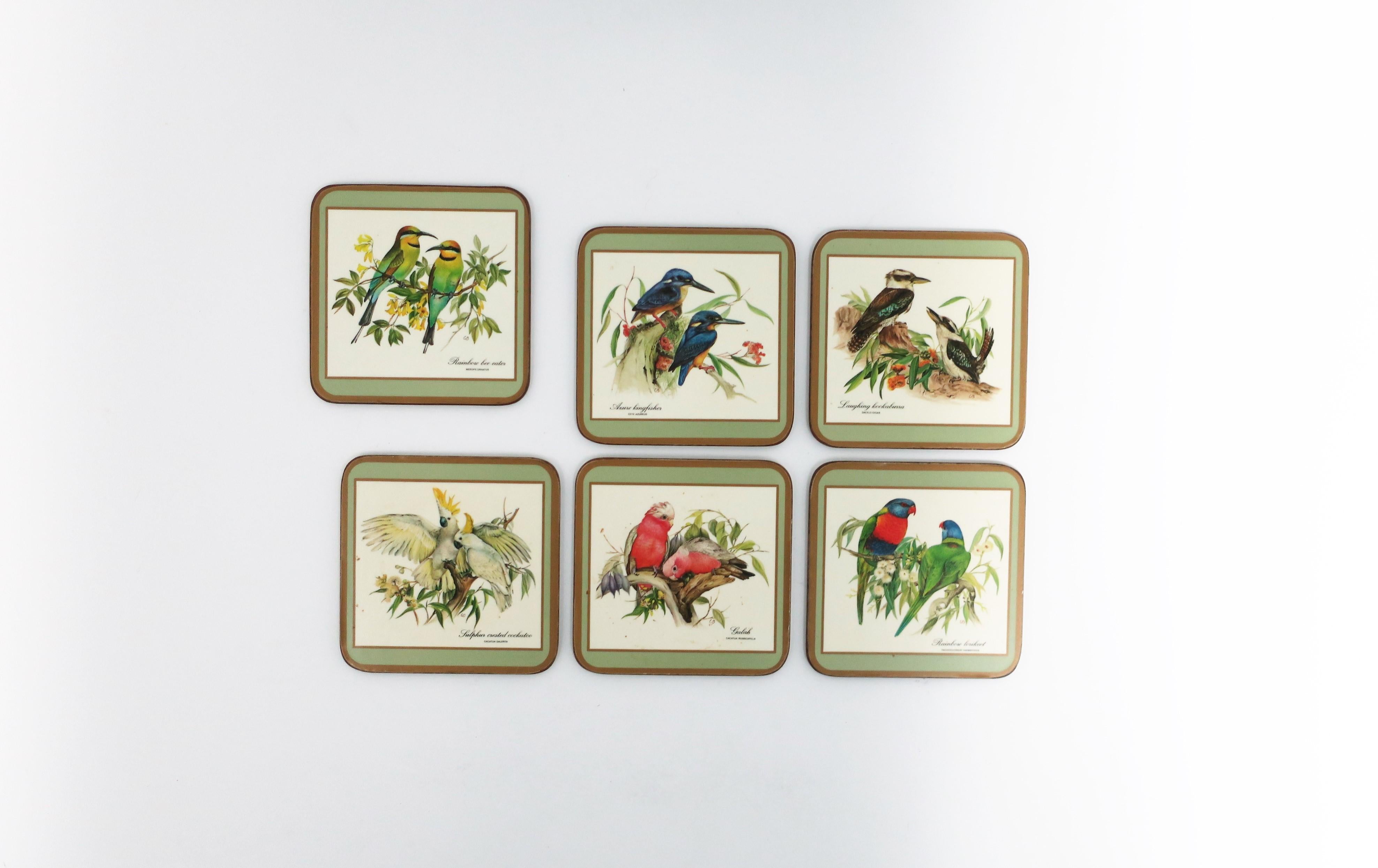 A great set of six (6) vintage cocktail or drink coasters with bird designs, circa late-20th century, England. Beautiful birds with vibrant colors; set features six different designs/birds. A great addition to any bar, bar cart, or entertaining
