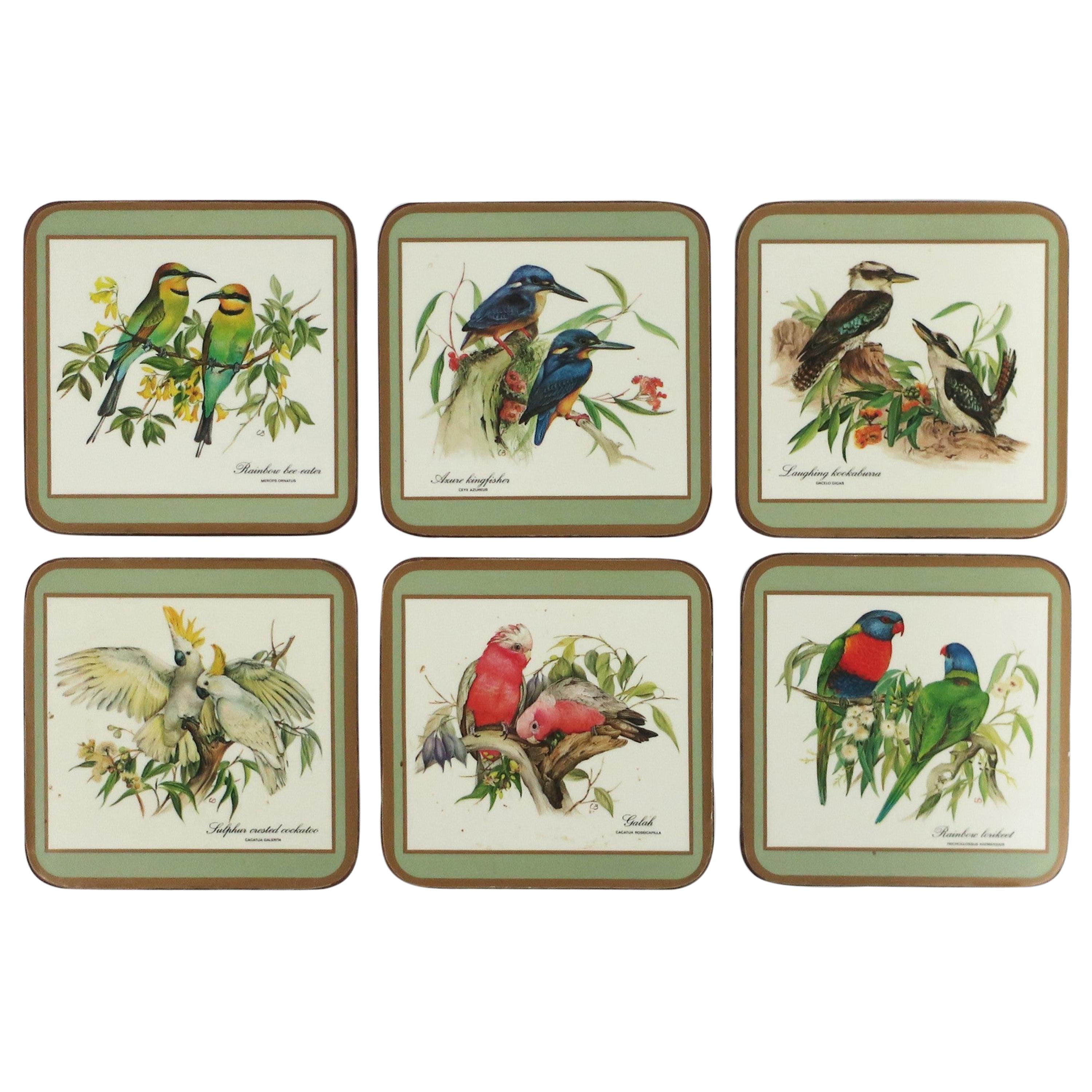 English Cocktail Drink Coasters with Bird Designs, Set of 6