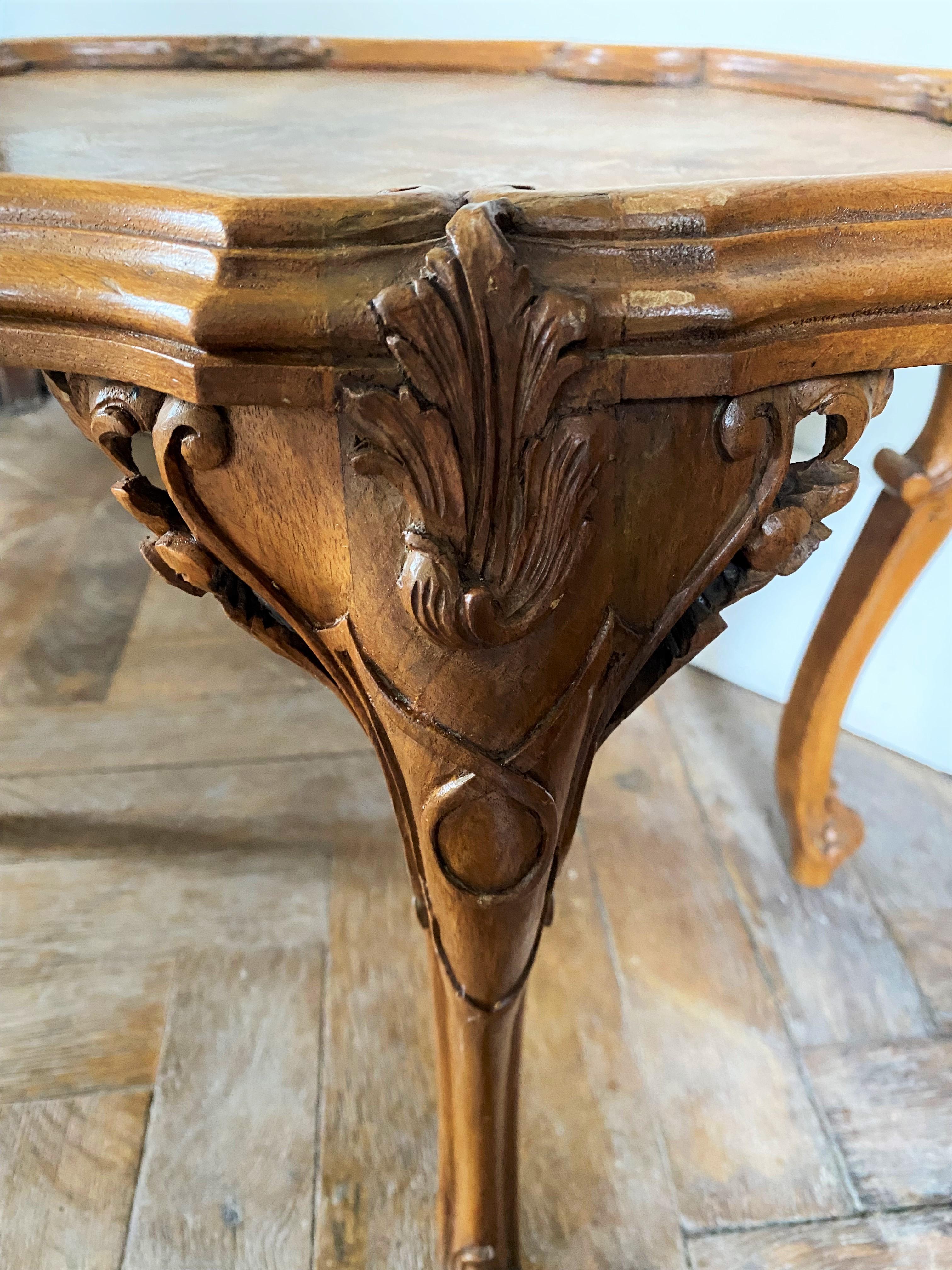 English Louis 15 Style Coffee Table in Hand Carved Beech and Walnut Circa 1870