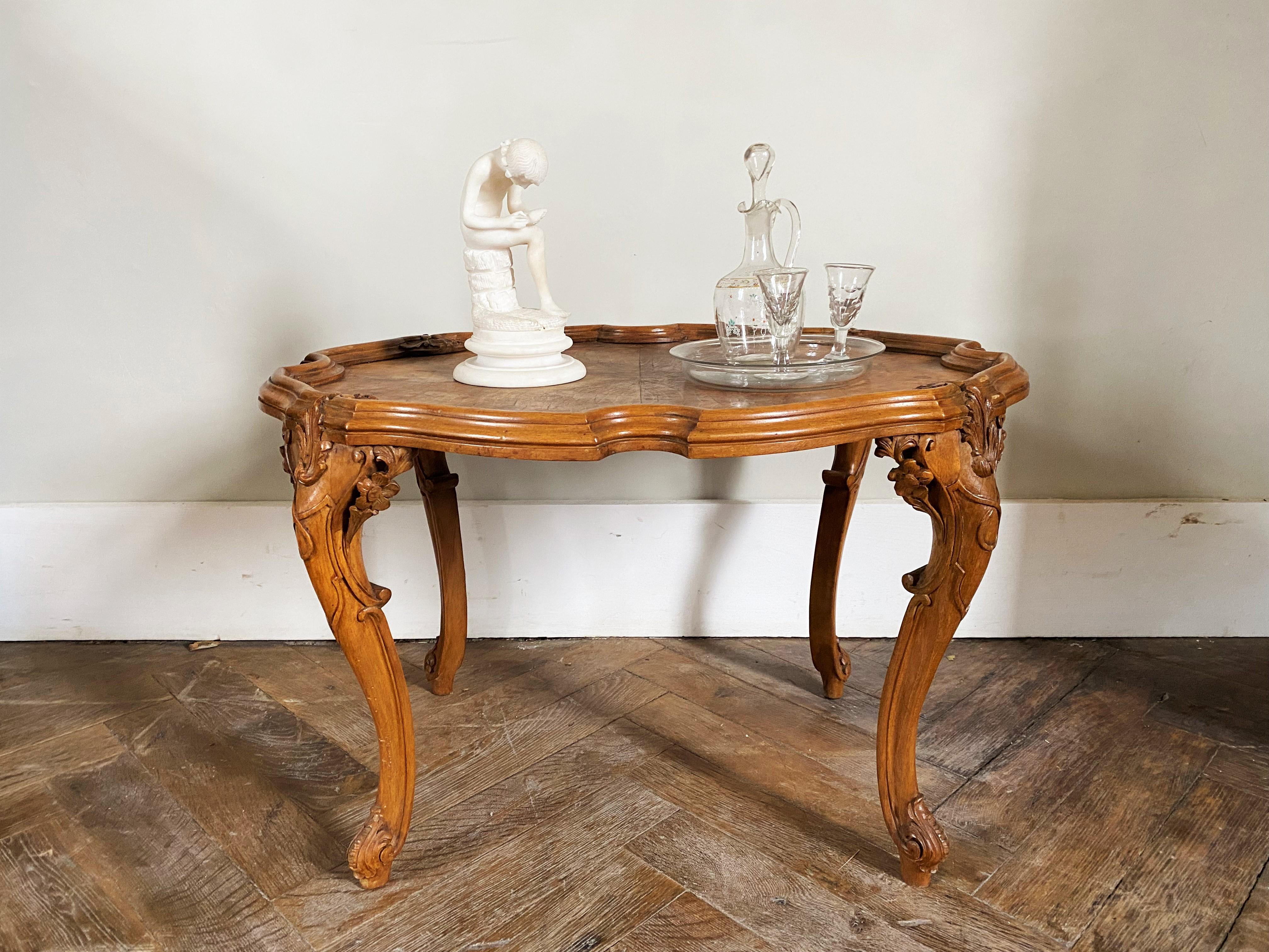 Louis 15 Style Coffee Table in Hand Carved Beech and Walnut Circa 1870 1