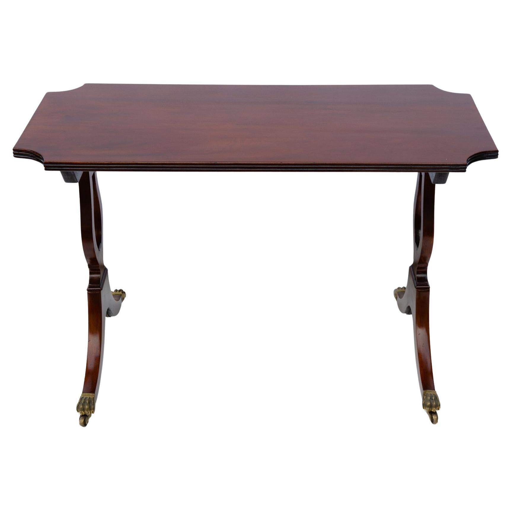 M/1107 -  Elegant antique English coffee table with lyre legs and little wheels. Useful everywhere: in the living room, study, bedroom. Also with a good price for closing activities.