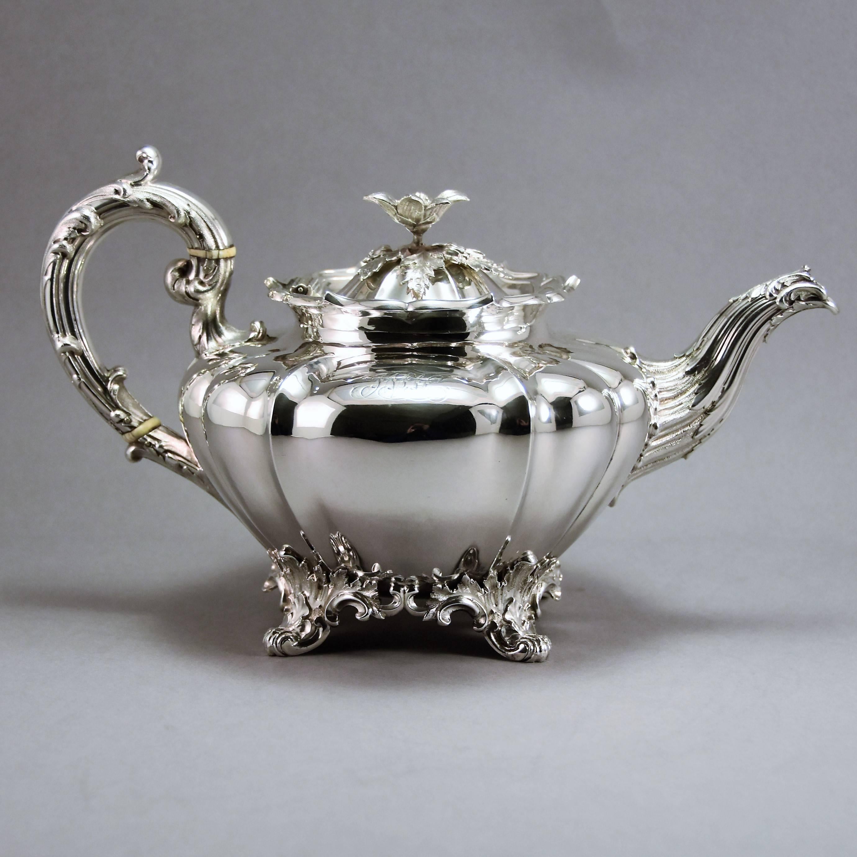 A superb quality, four piece, William IV sterling silver tea set made in London by the Barnards family fully hallmarked and dated 1836

Lobed circular bellied form, leaf capped scroll handles with insulators, the hinged covers with flower finial, on