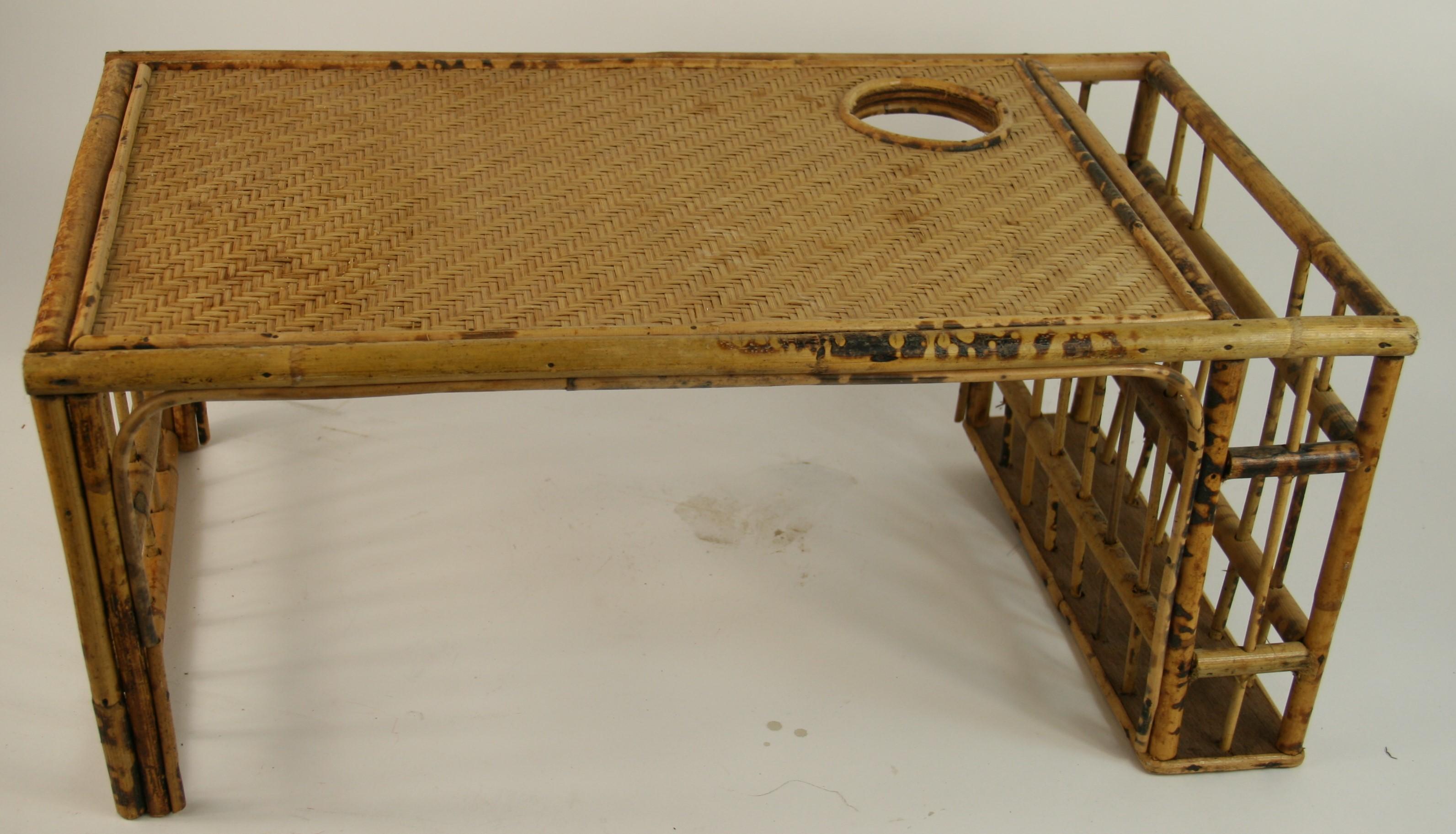 3-442 English colonial burnt bamboo and wicker tray with glass holder /magazine/newspaper  holder.
Can be used to hold  your laptop while in bed or on the sofa 