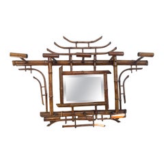 English Colonial Bamboo Pagoda Hanging  Hall Tree With Mirror, 19Th. C.