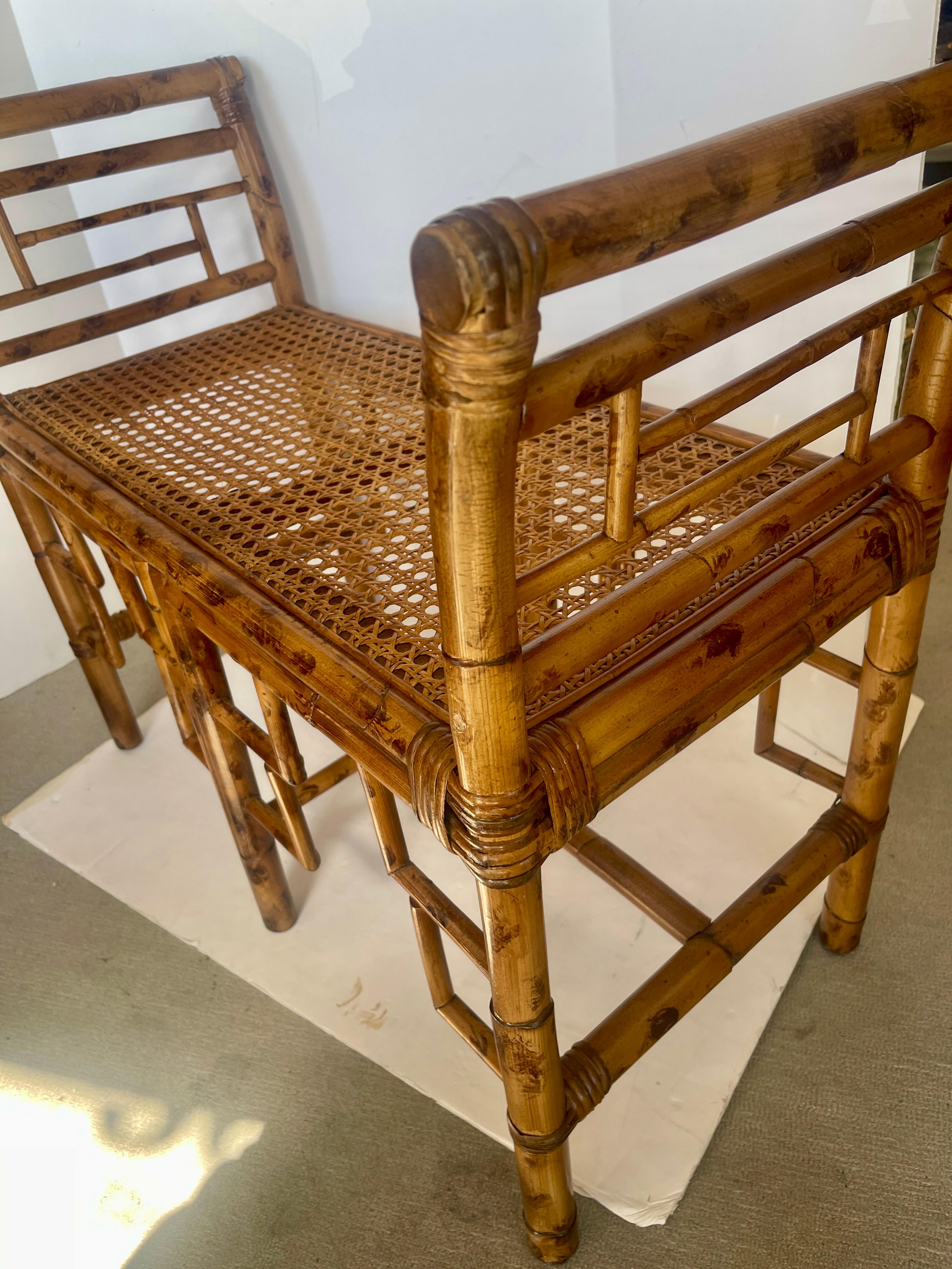British English Colonial Bamboo & Wicker Bench With Cane Seat
