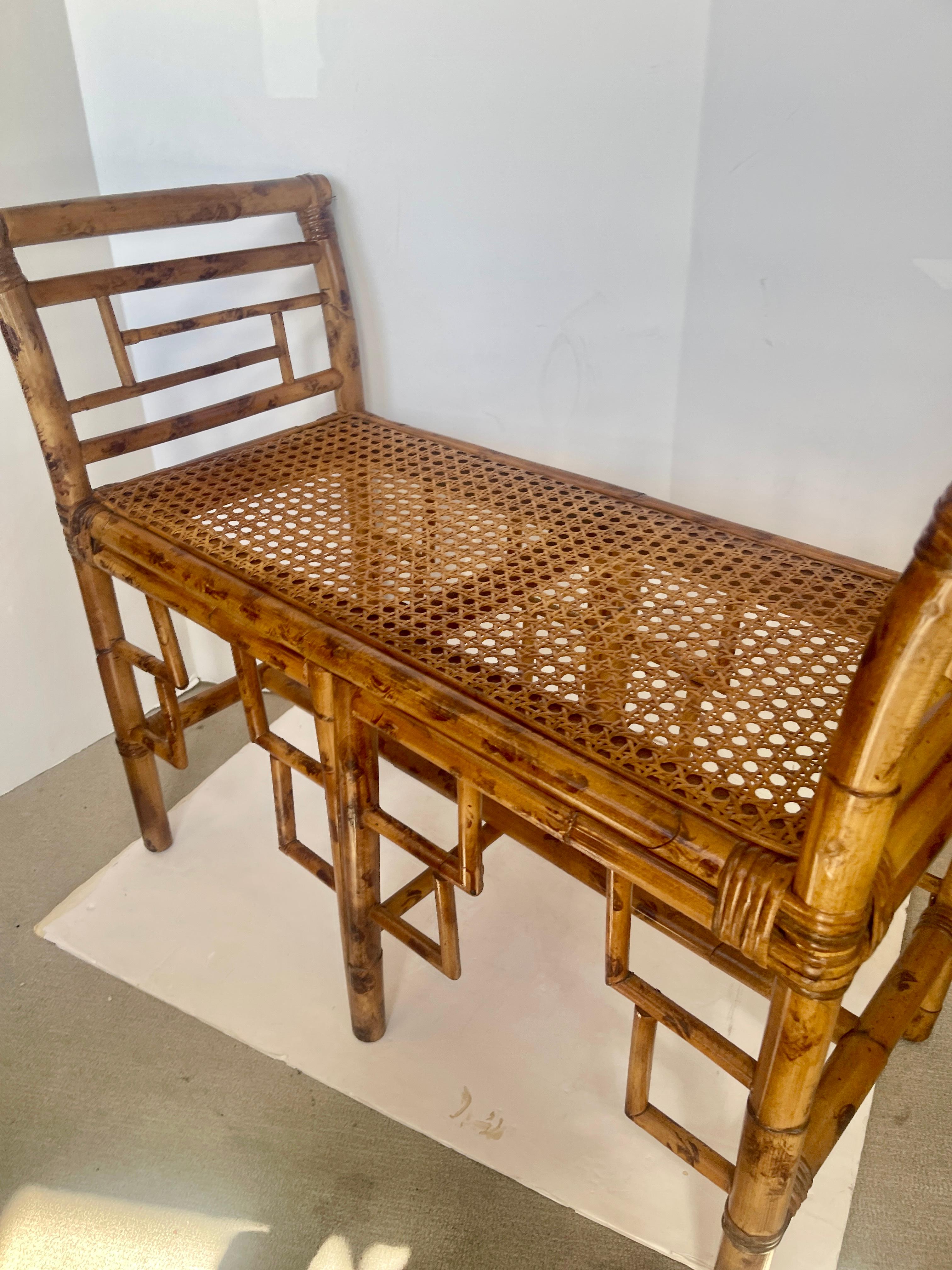 Hand-Crafted English Colonial Bamboo & Wicker Bench With Cane Seat