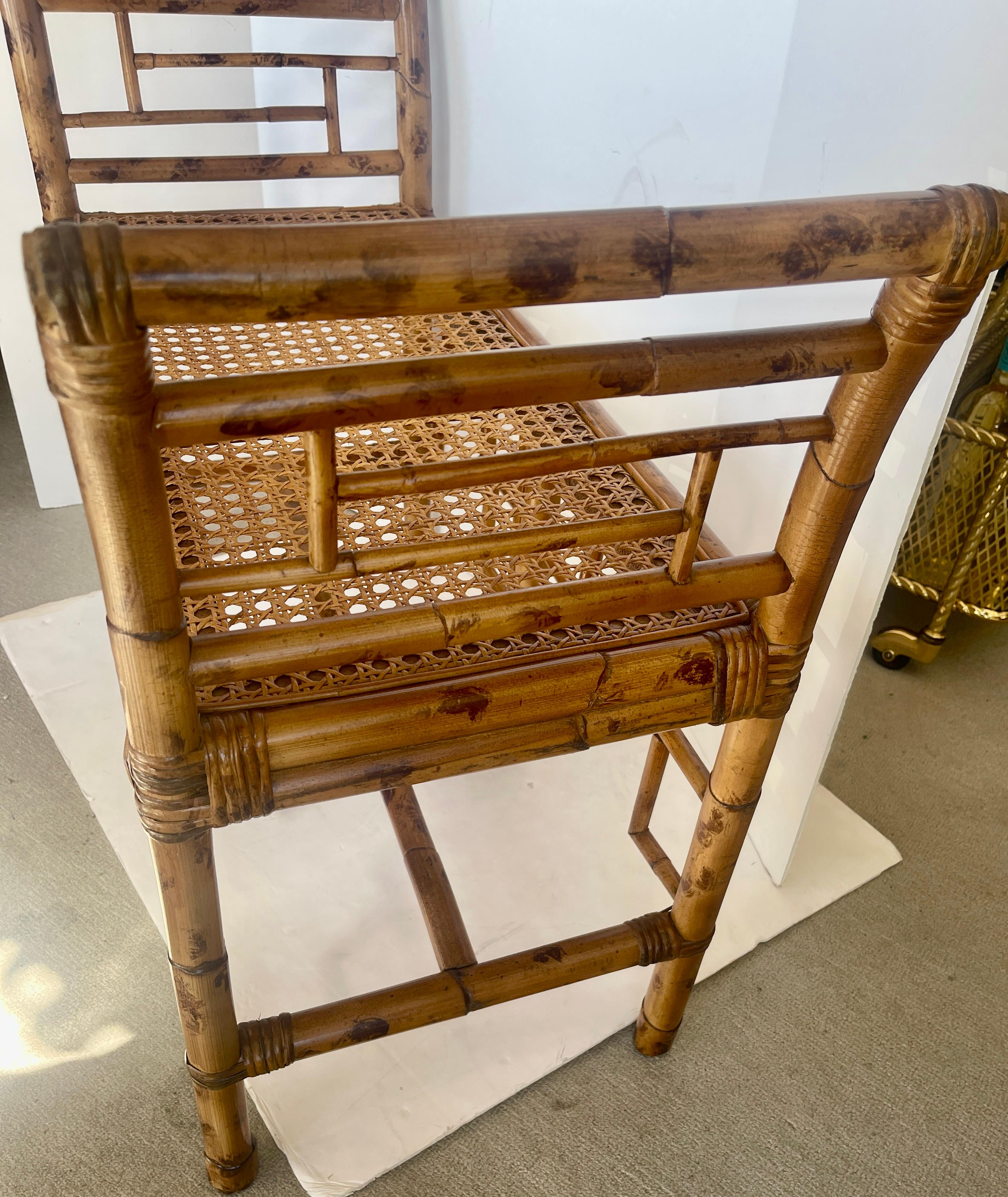 English Colonial Bamboo & Wicker Bench With Cane Seat In Good Condition In West Palm Beach, FL