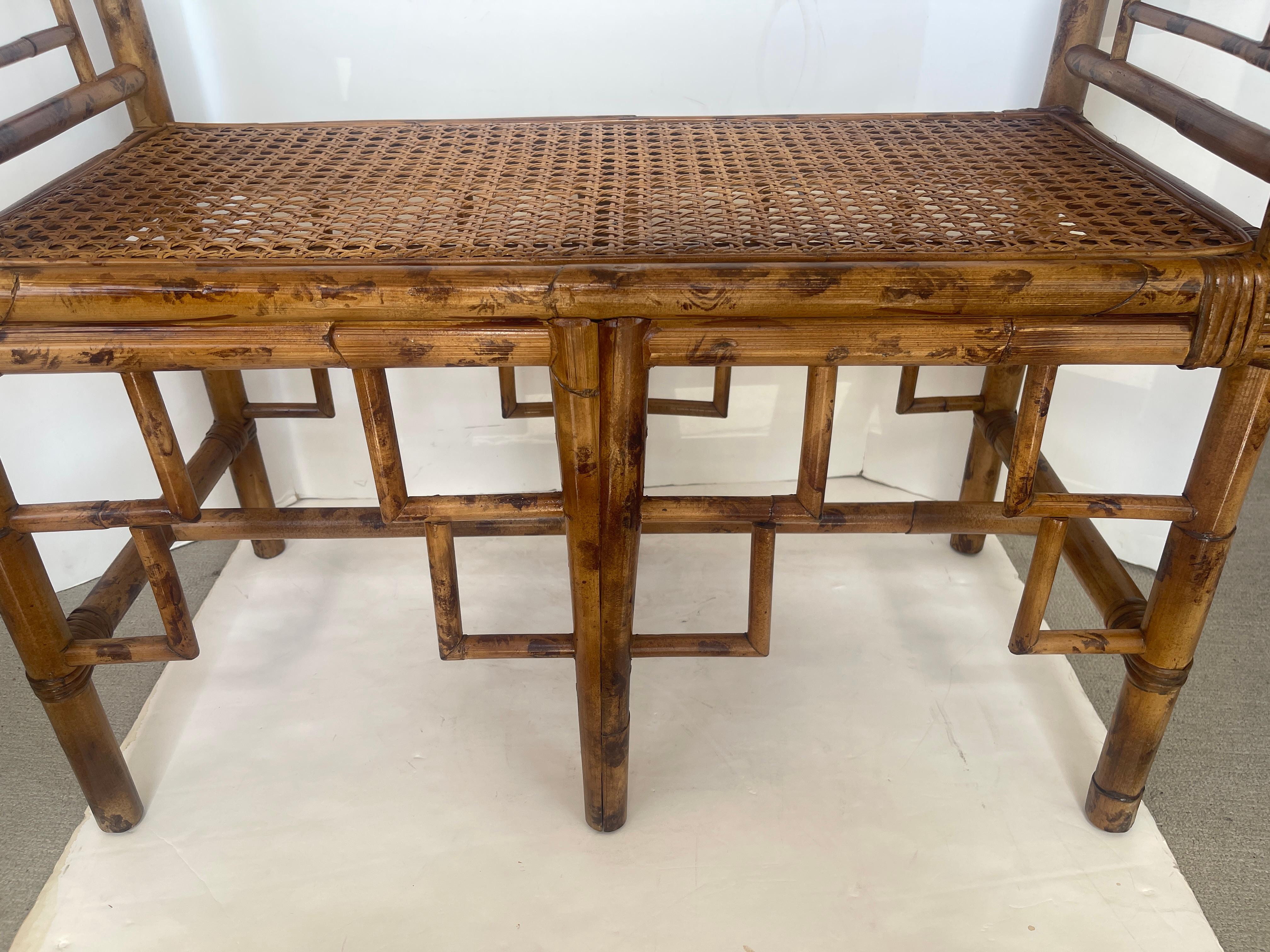 English Colonial Bamboo & Wicker Bench With Cane Seat 1