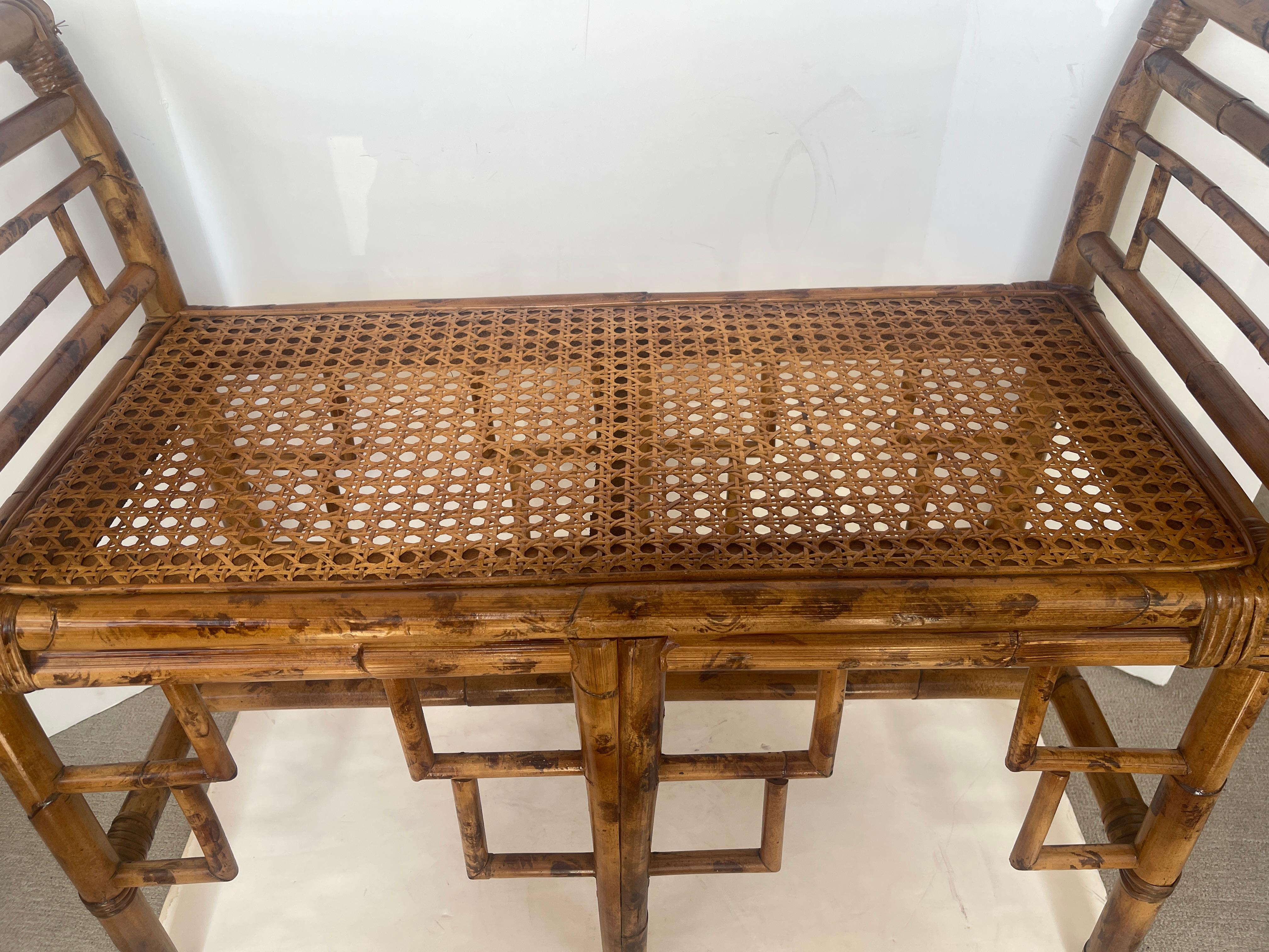 English Colonial Bamboo & Wicker Bench With Cane Seat 2