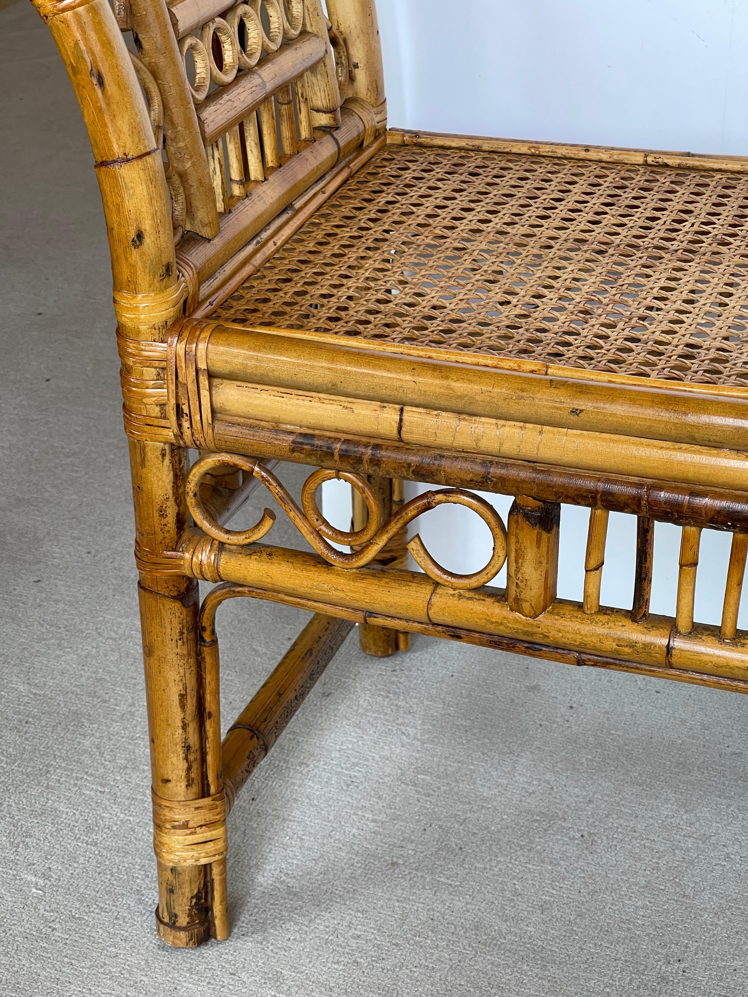 Colonial Revival English Colonial Brighton  Style Bamboo & Cane Large Bench