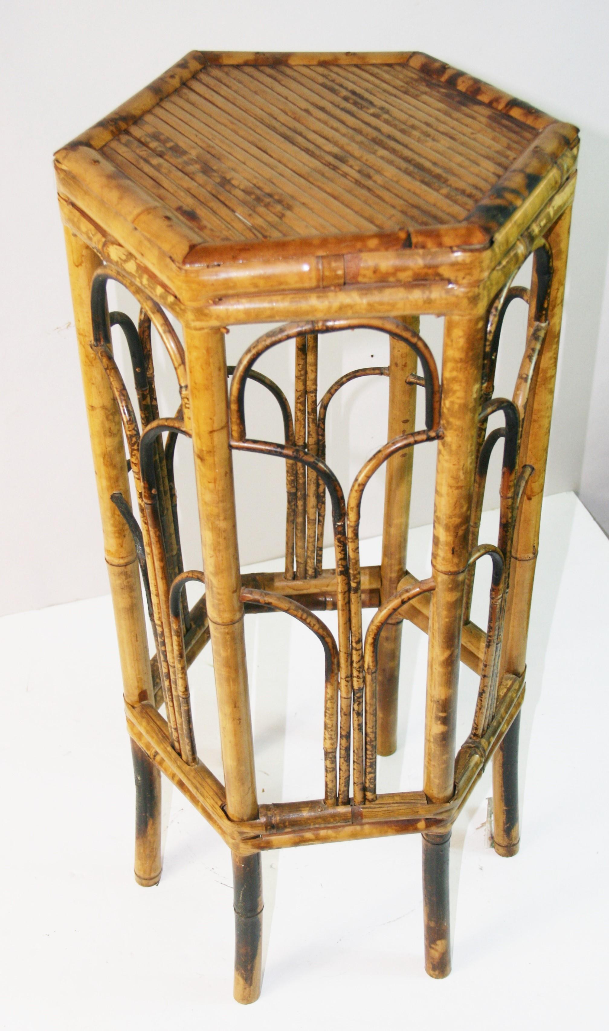 1877 English Colonial burnt bamboo hexagon side table/ stand.
Intricate side details