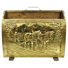 Antique English Colonial Embossed Brass Farmer Horse-Drawn Plow Magazine Rack Holder