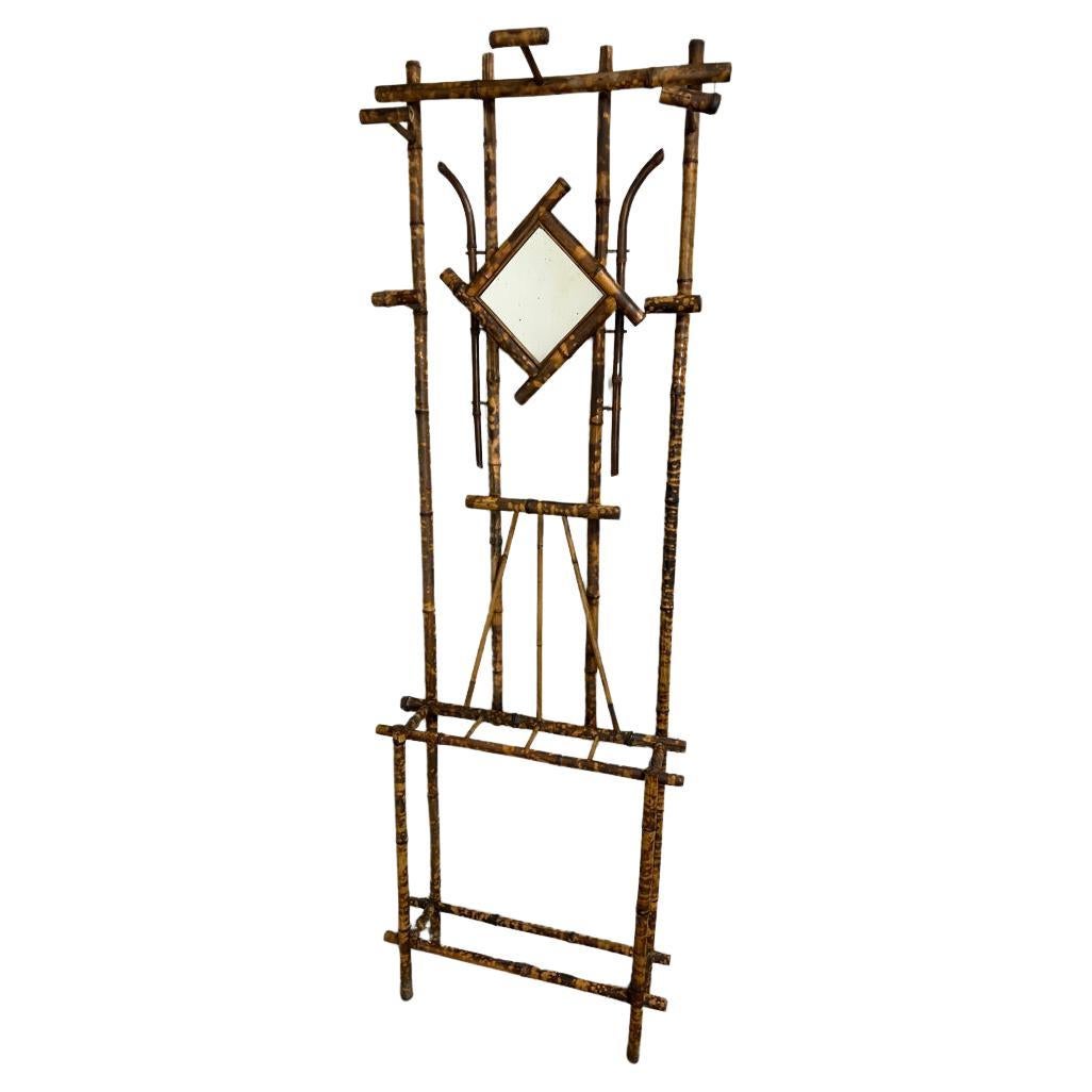 English Colonial Rattan Cane Bamboo coat hanger and umbrella stand with mirror