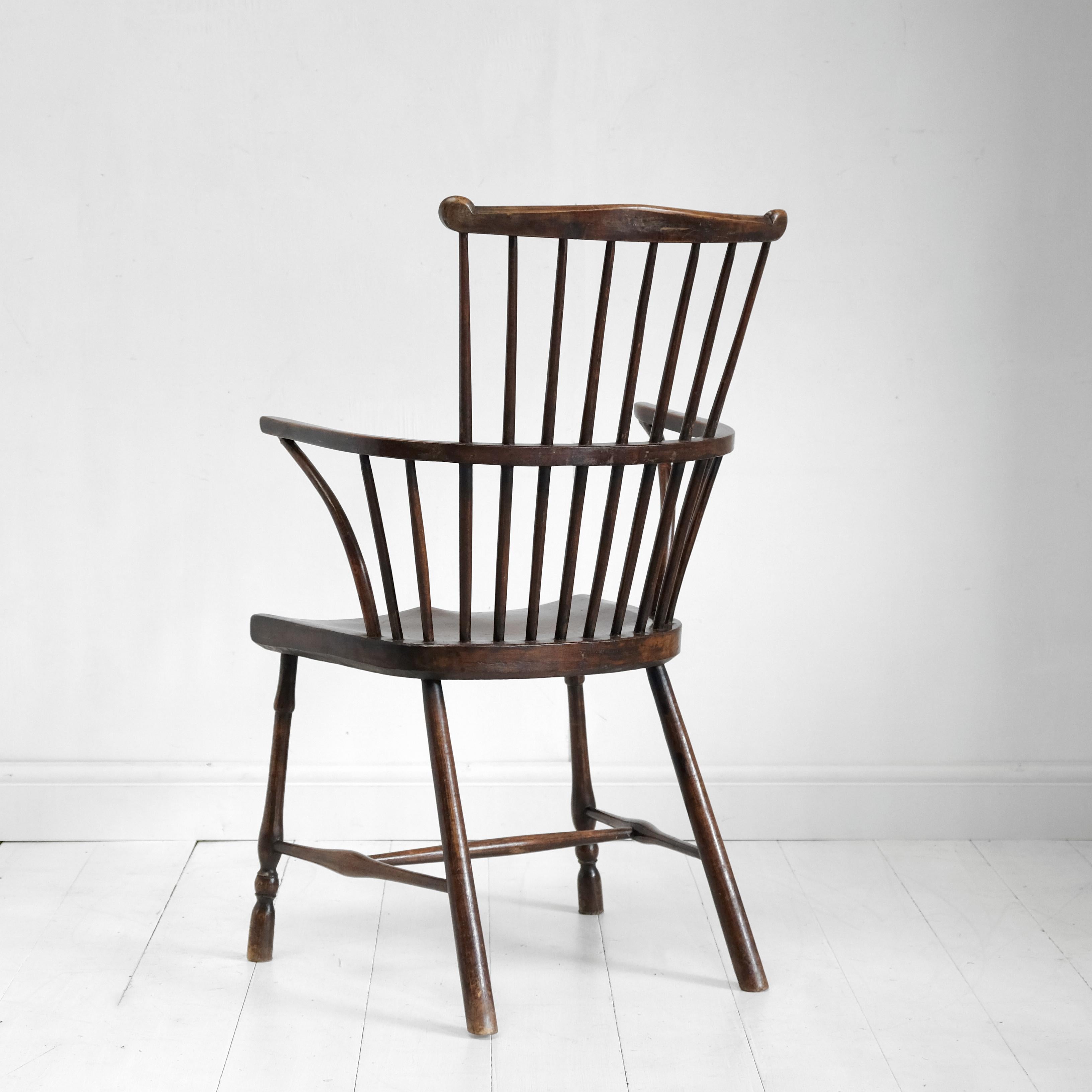 Hand-Carved English Comb Back Windsor Chair, Elm and Beech, 1800, West Country, Vernacular