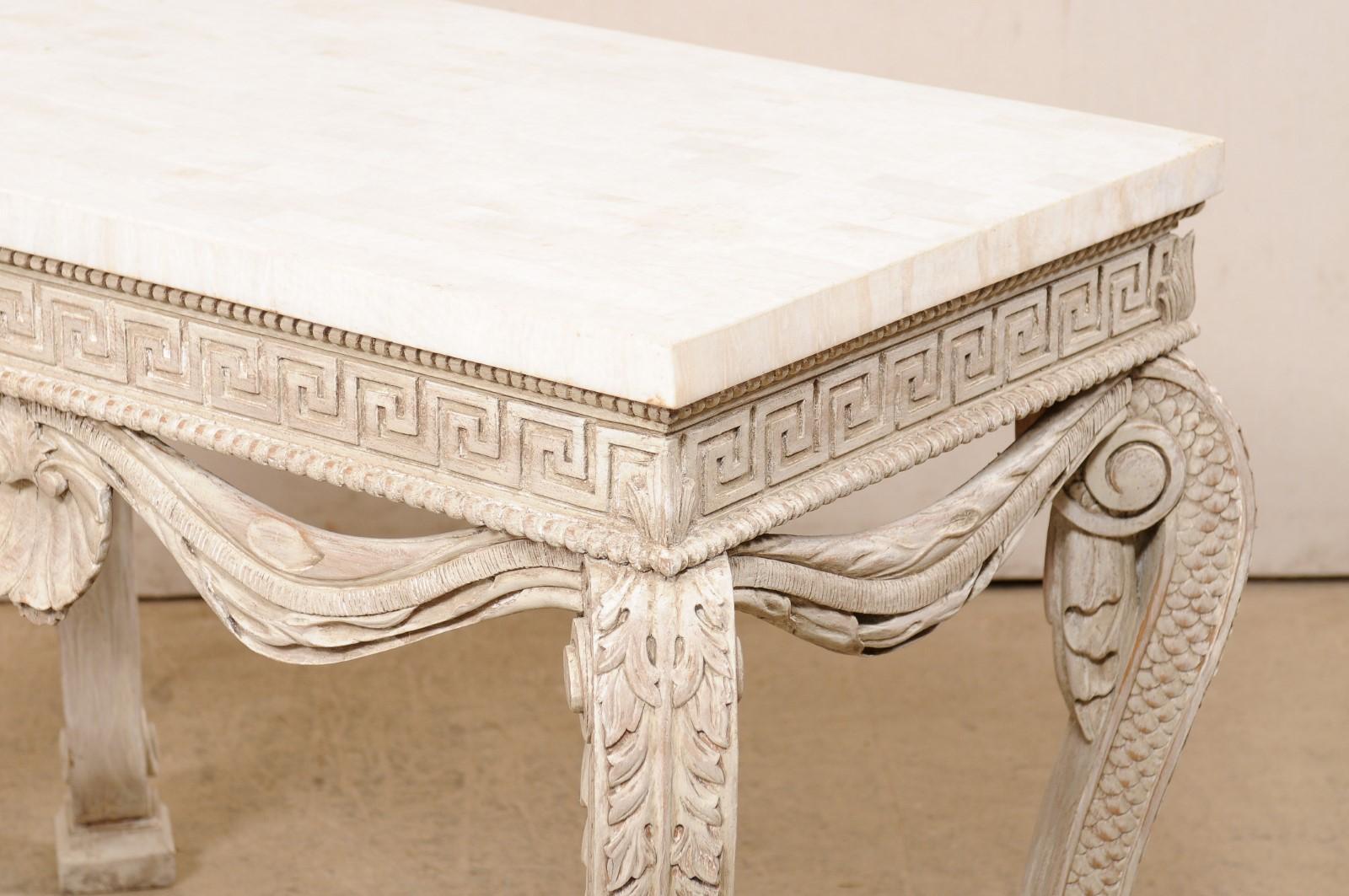 English Console Table W/Intricate Carvings and a Tessellated Travertine Top 6