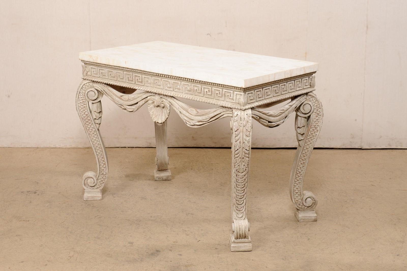 English Console Table W/Intricate Carvings and a Tessellated Travertine Top 7