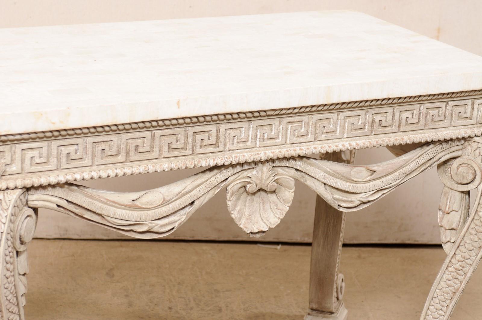 English Console Table W/Intricate Carvings and a Tessellated Travertine Top In Good Condition In Atlanta, GA