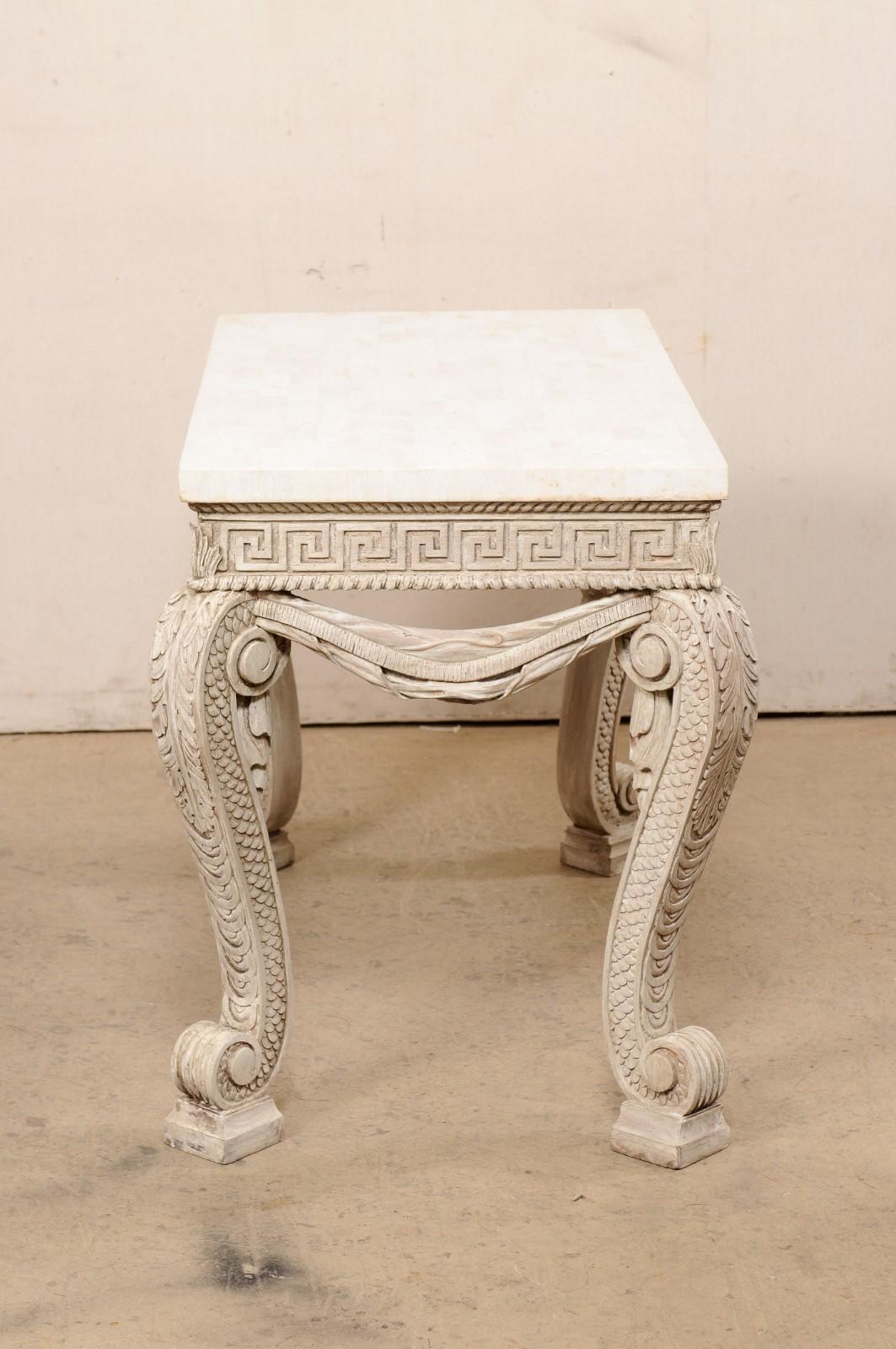 English Console Table W/Intricate Carvings and a Tessellated Travertine Top 1